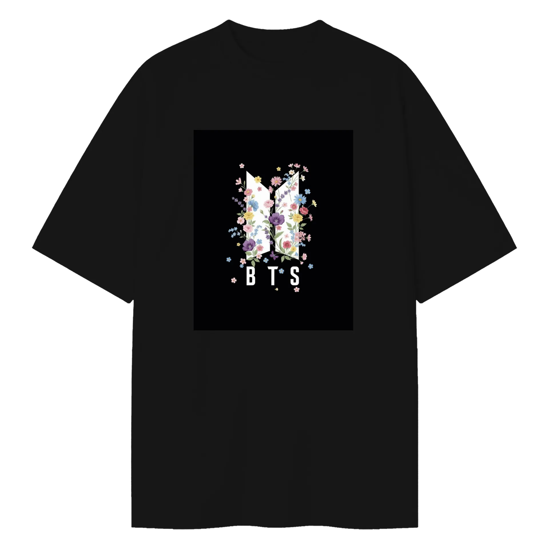 Camiseta Oversized Logotipo BTS Flores Preto de MAGICAL WORLD