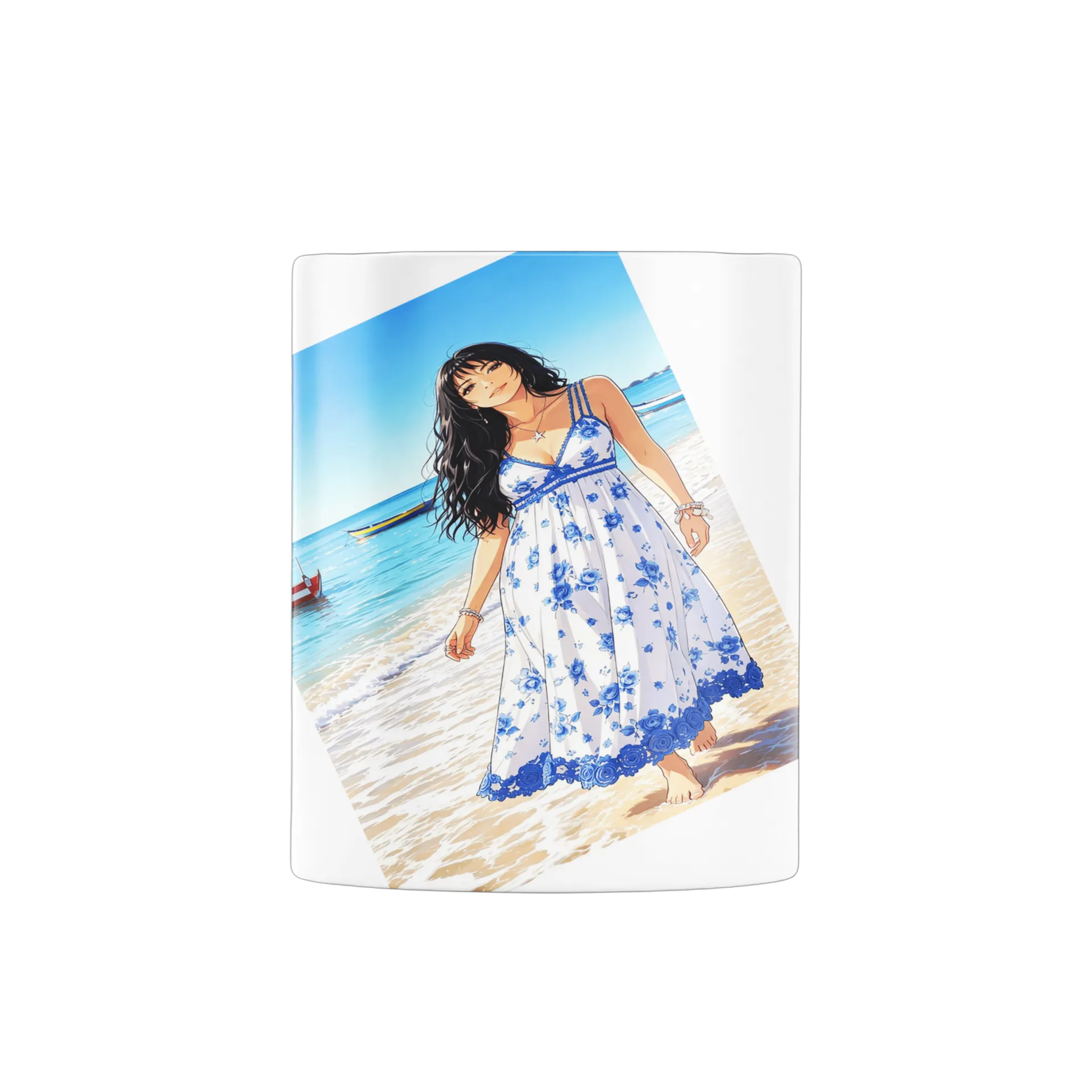 Caneca Porcelana Mulher Praia Estampa Floral Azul 325ml - Imagem 3