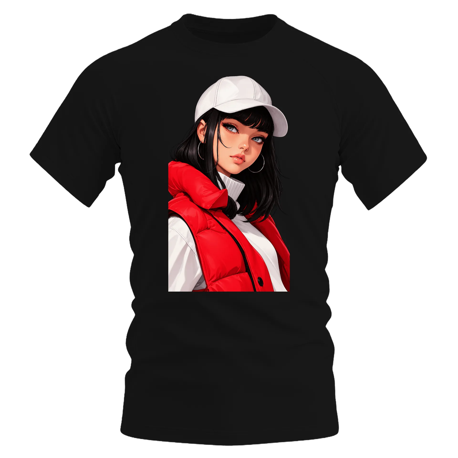 Camiseta Dry Fit Retrato Feminino Estilo Anime Vermelho e - Imagem 1