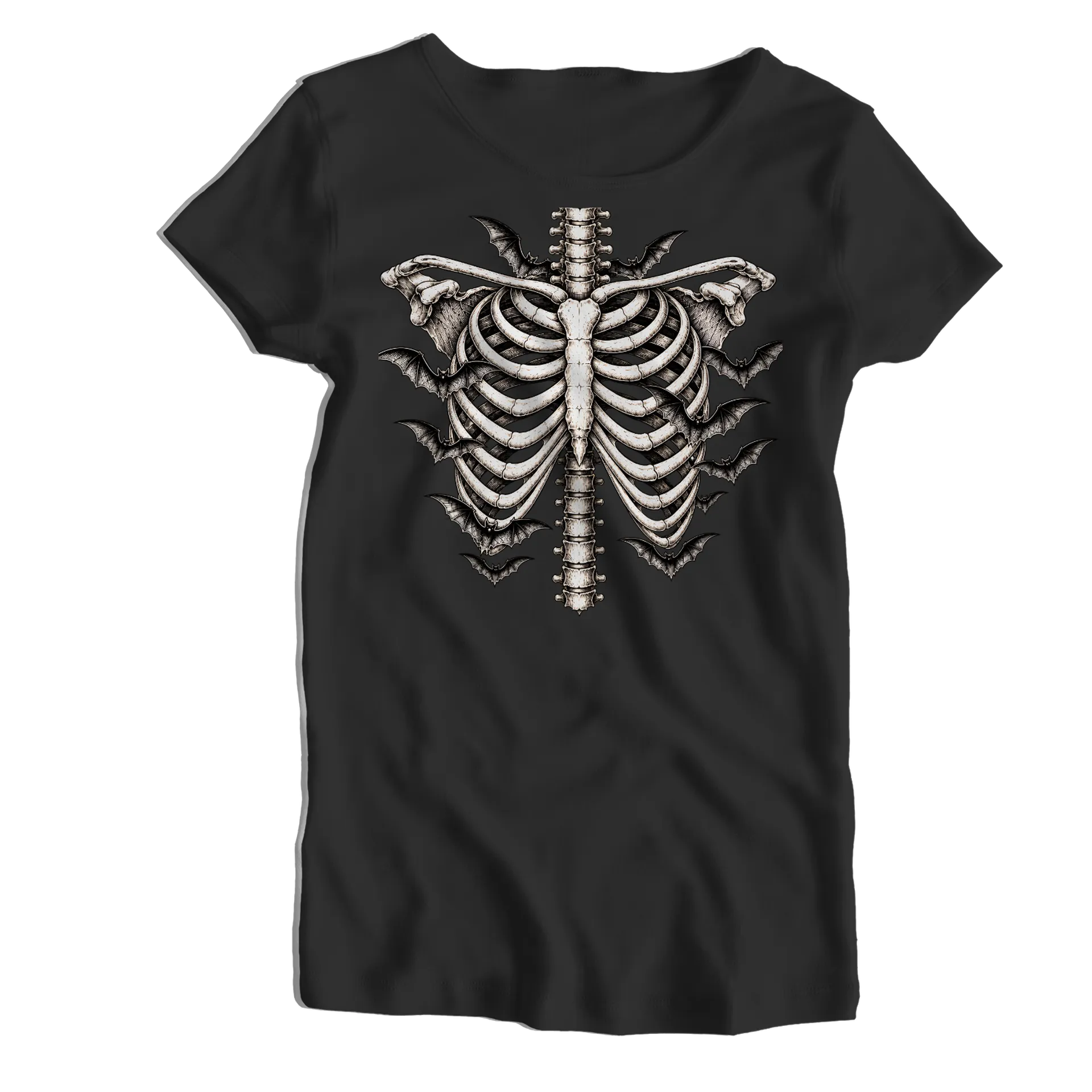 Camiseta Babylook Esqueleto com Morcegos Monocromático - Imagem 1