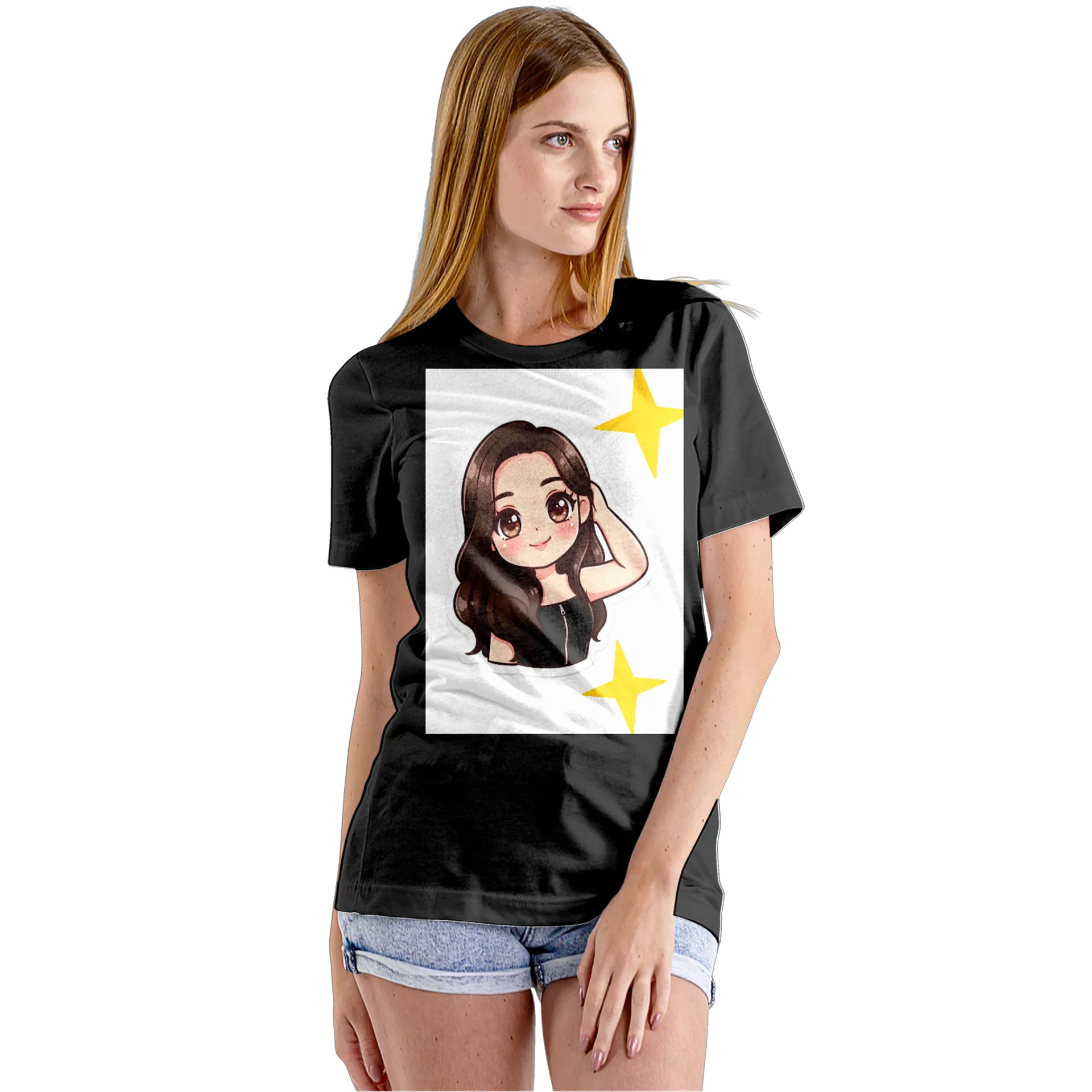 Camiseta Babylook Garota Cartoon Cabelo Castanho 100% - Imagem 5