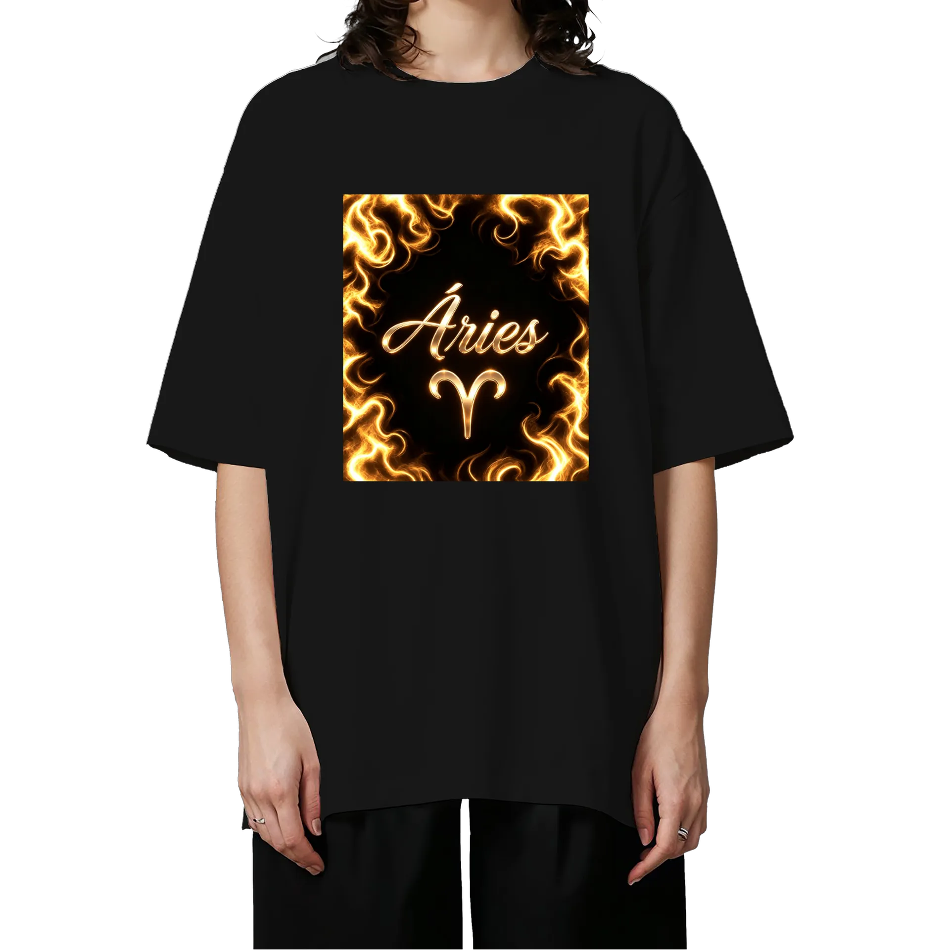 Camiseta Oversized Aries Gold Flame 100% Algodão - Imagem 3