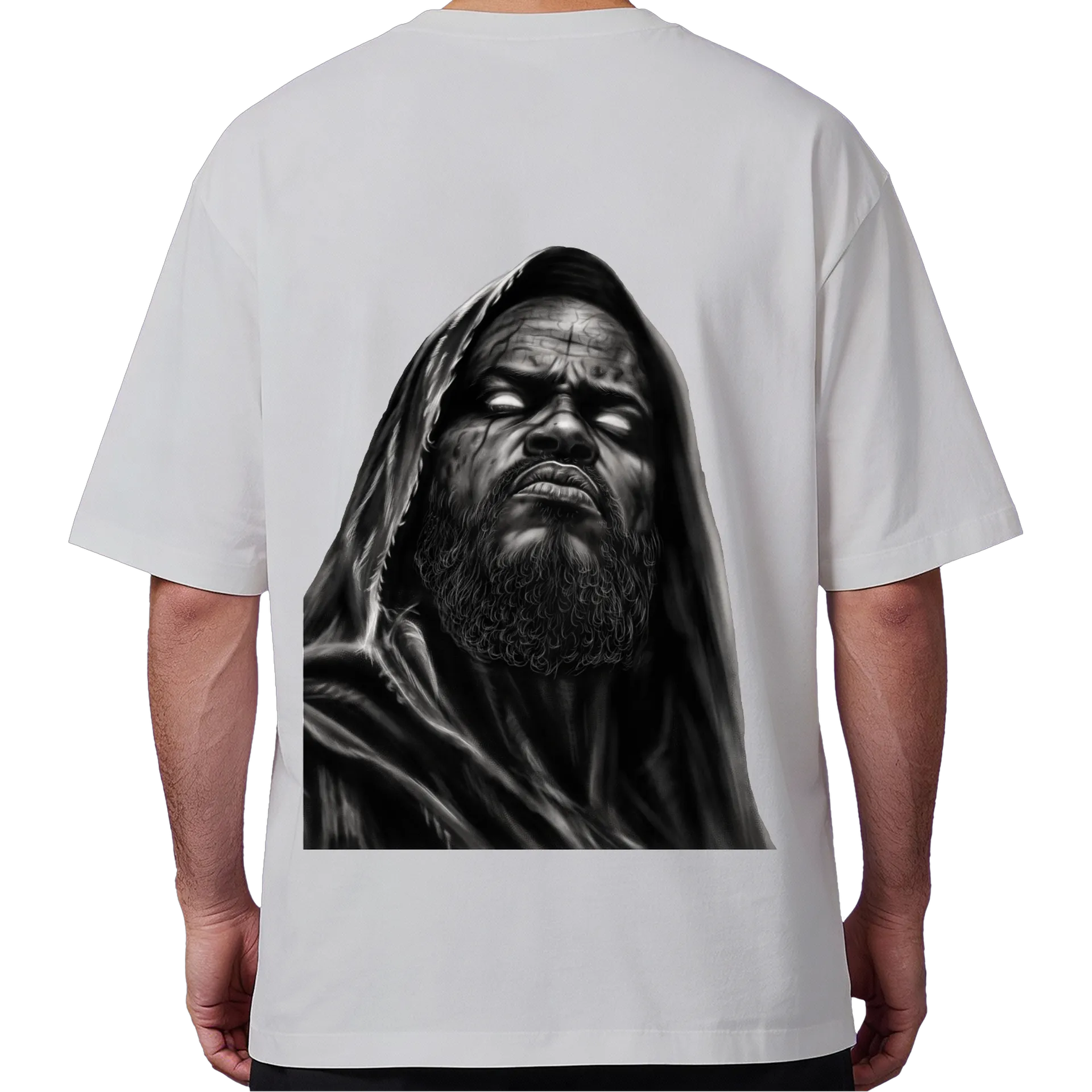 Camiseta Oversized Retrato de Homem Encapuzado em Preto e de WG ARTE É O QUE ME MANTÉM VIVO  — imagem 6 de 6