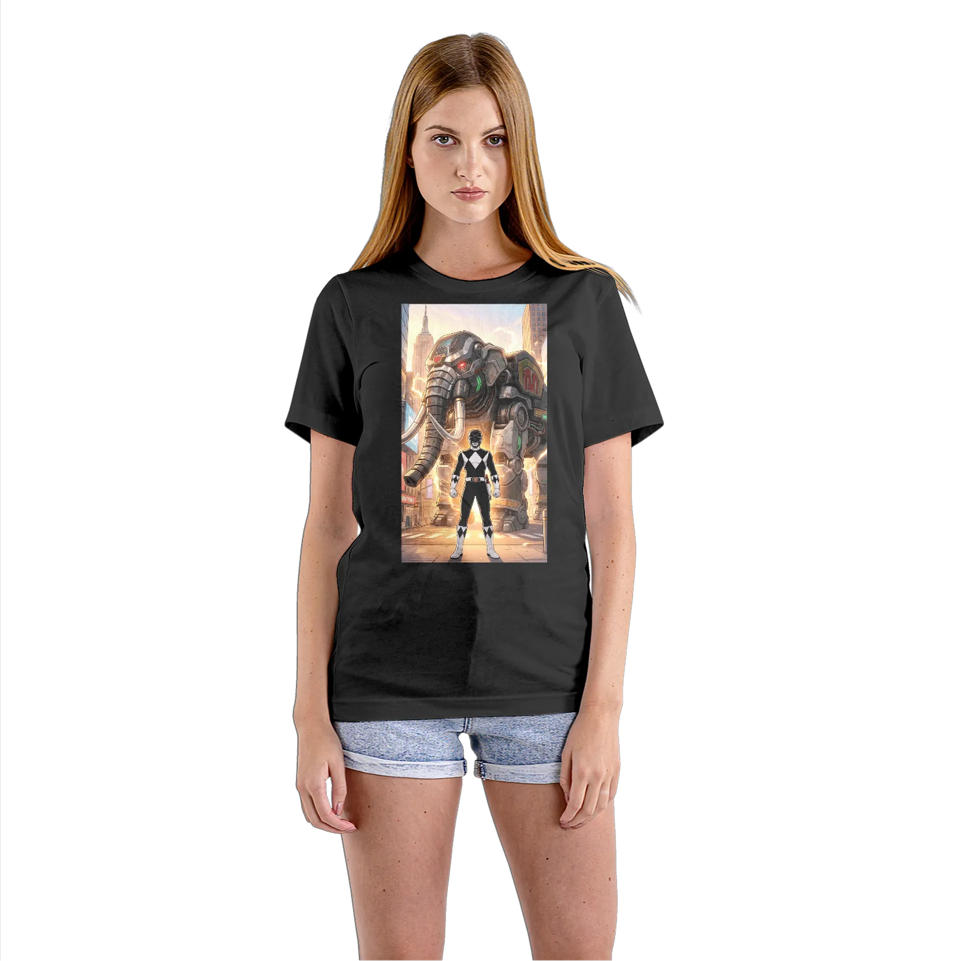 Camiseta Babylook Herói Preto e Branco com Robô Elefante - Imagem 3