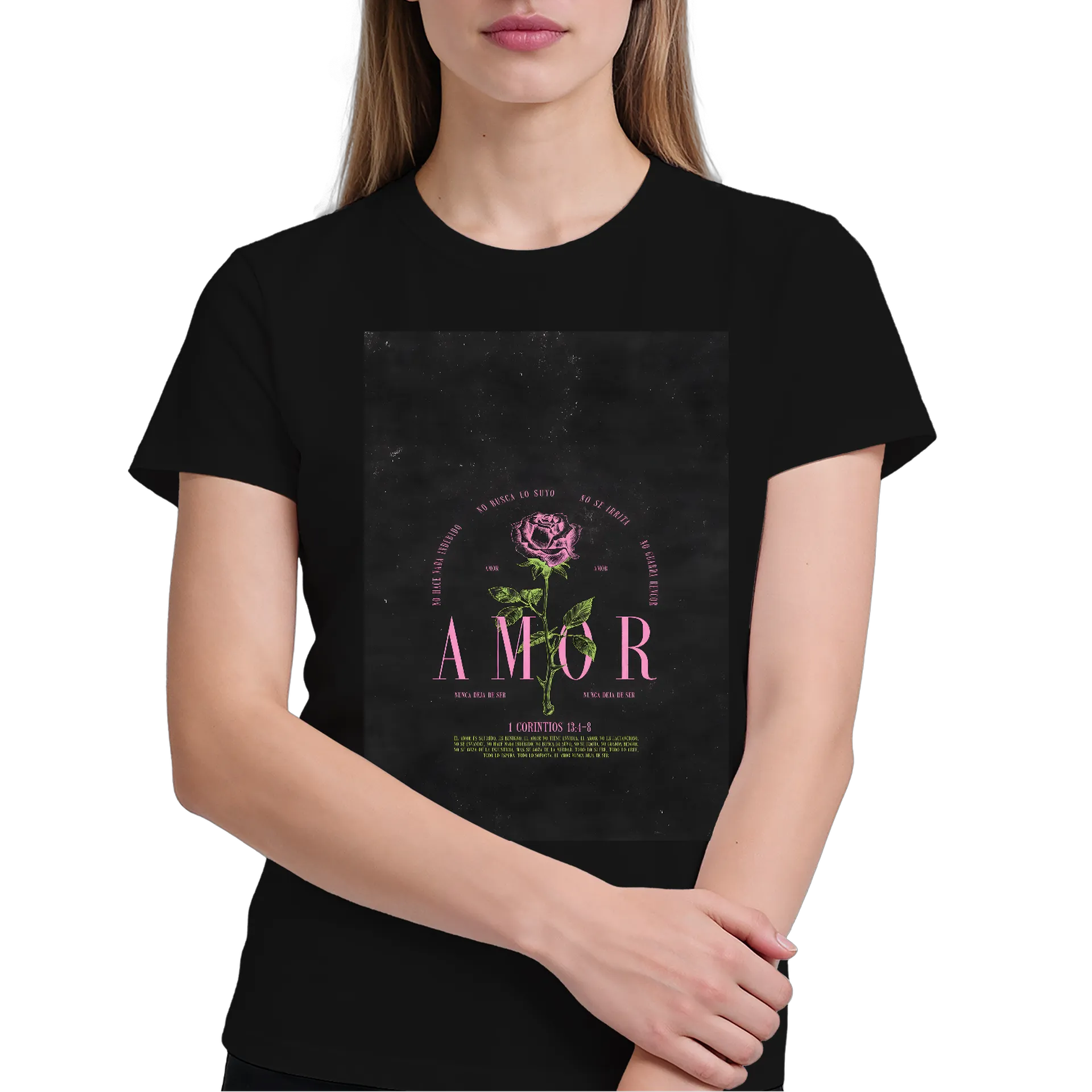 Camiseta Rosa Tipográfica Amor e Versículo Bíblico 100% - Imagem 3