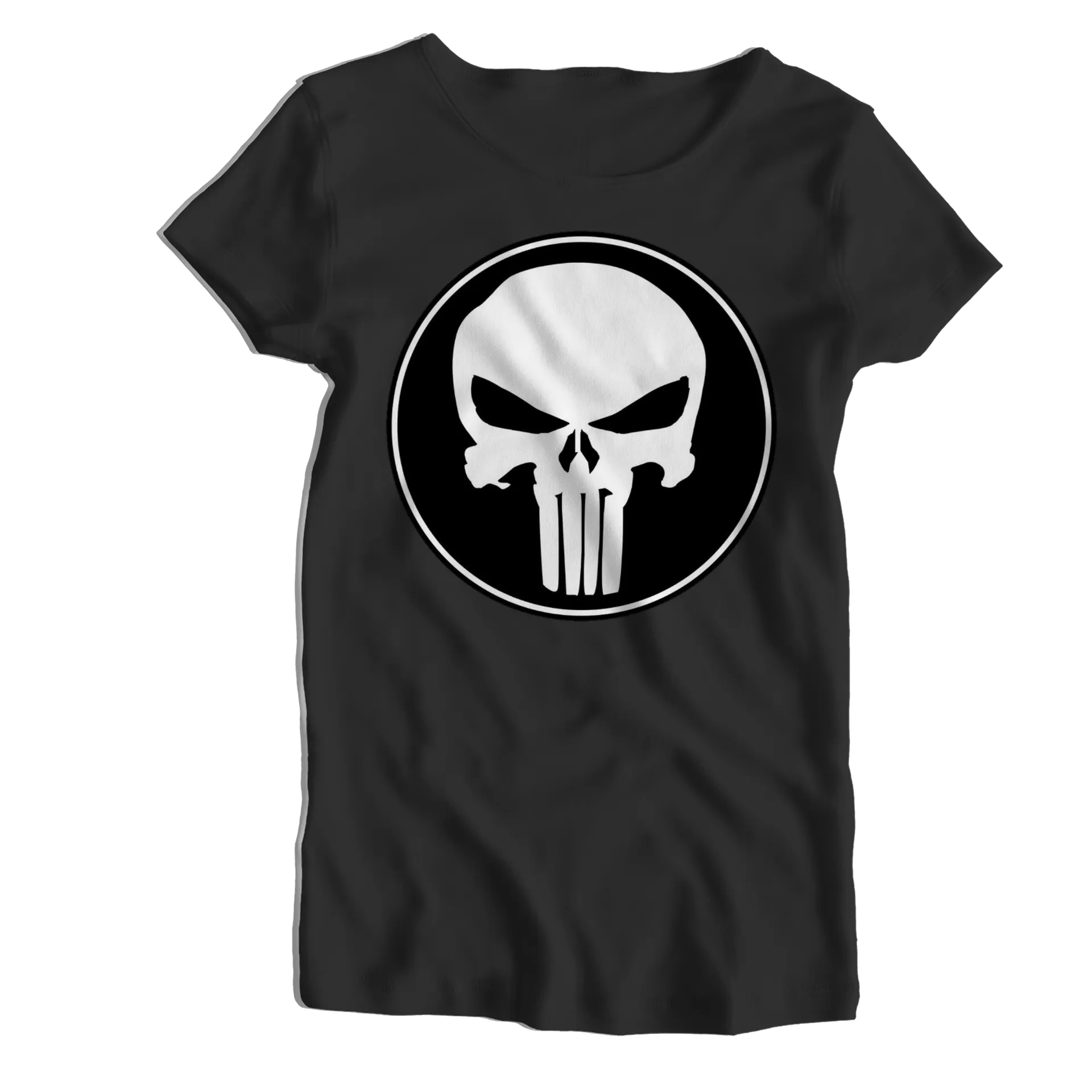 Camiseta Babylook Caveira Branca em Círculo Preto 100% - Imagem 1