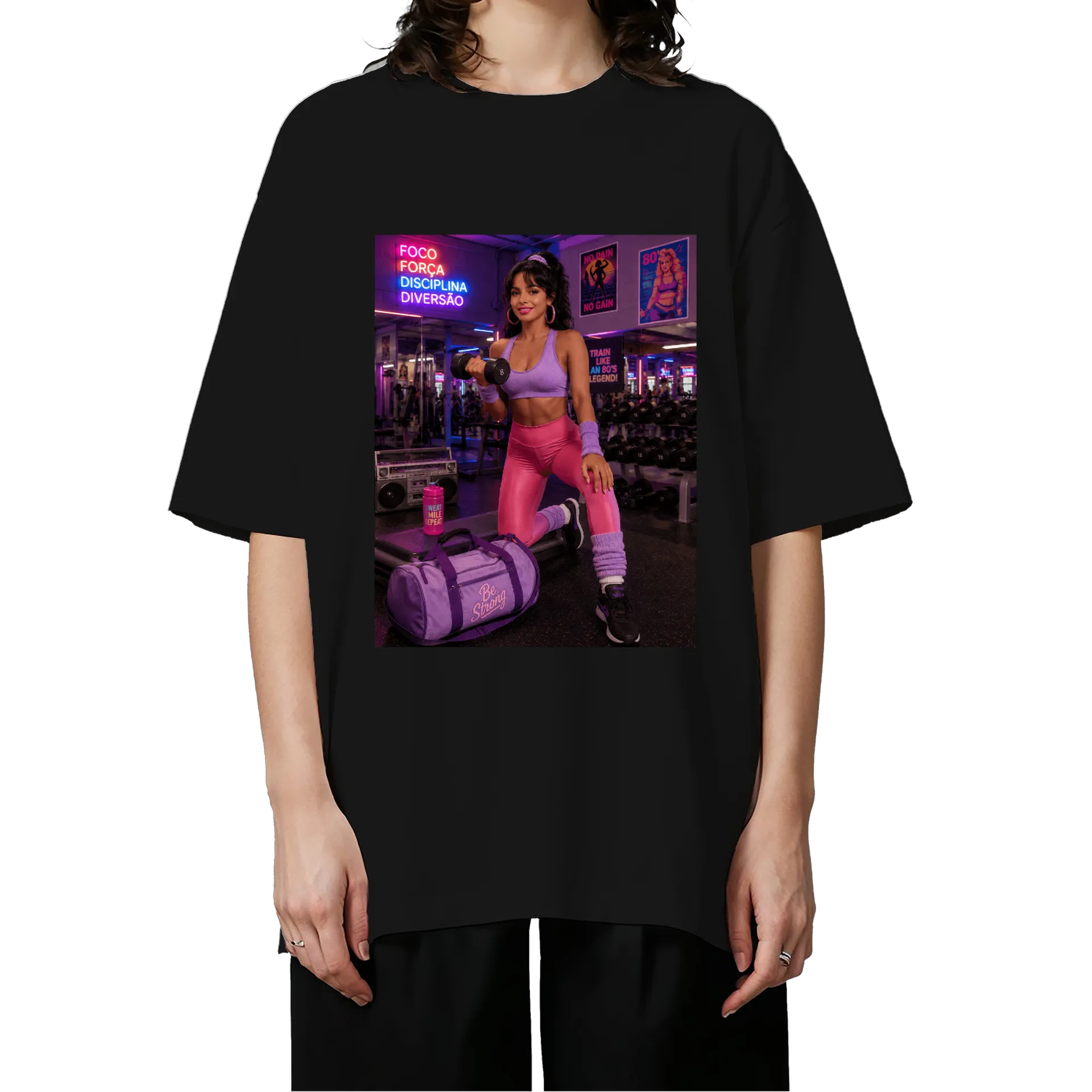 Camiseta Oversized Estampa Academia Neon Lilás Rosa Preto - Imagem 3