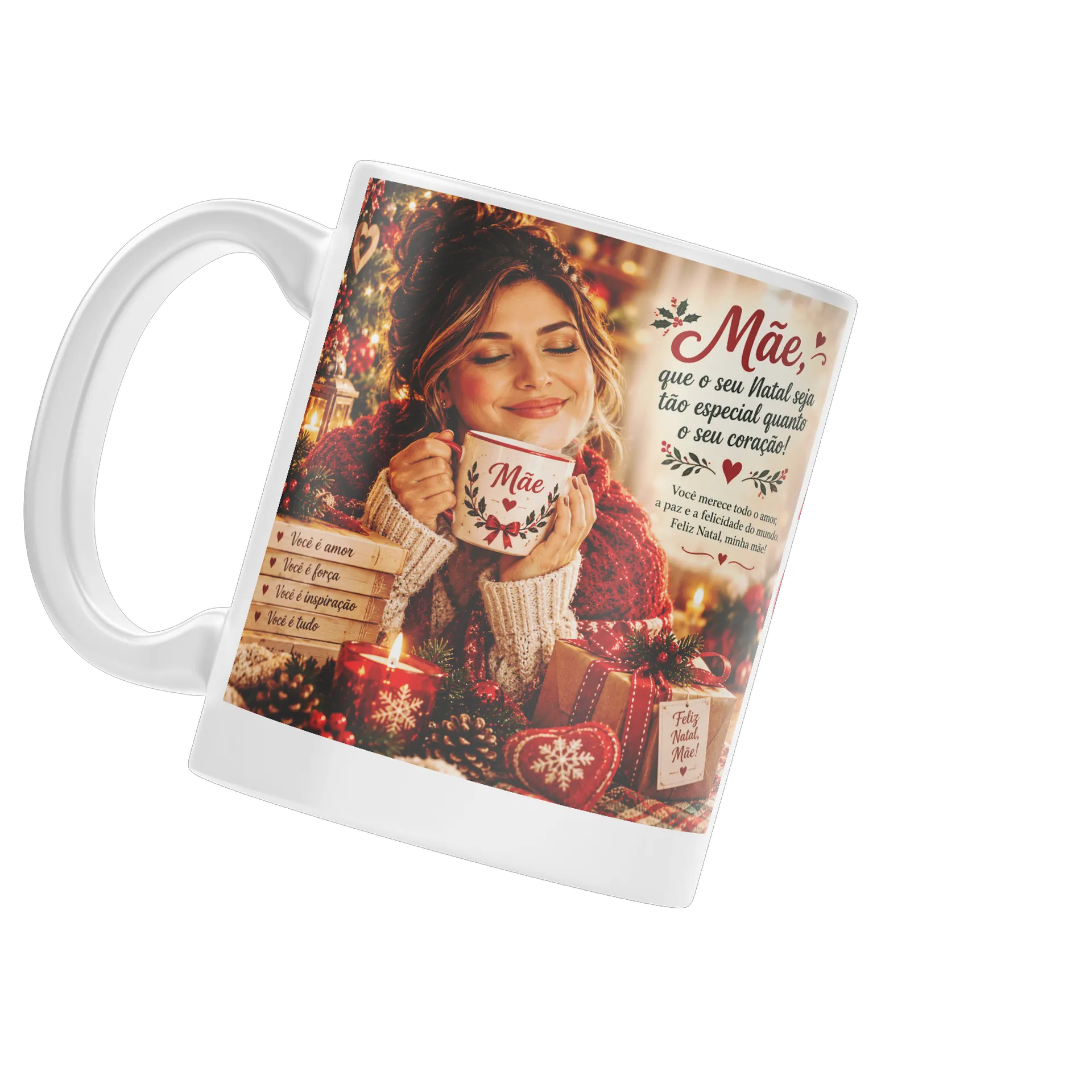 Caneca Porcelana Mãe e Natal Estampa Vermelha e Verde 325ml - Imagem 3