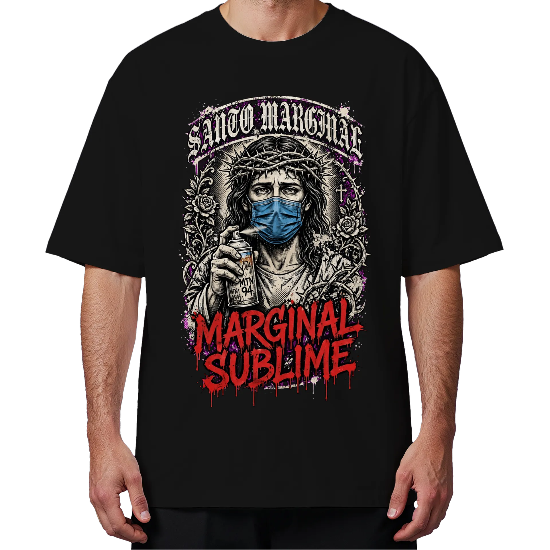 Camiseta Oversized Jesus de Máscara e Arte Grunge Marginal - Imagem 4