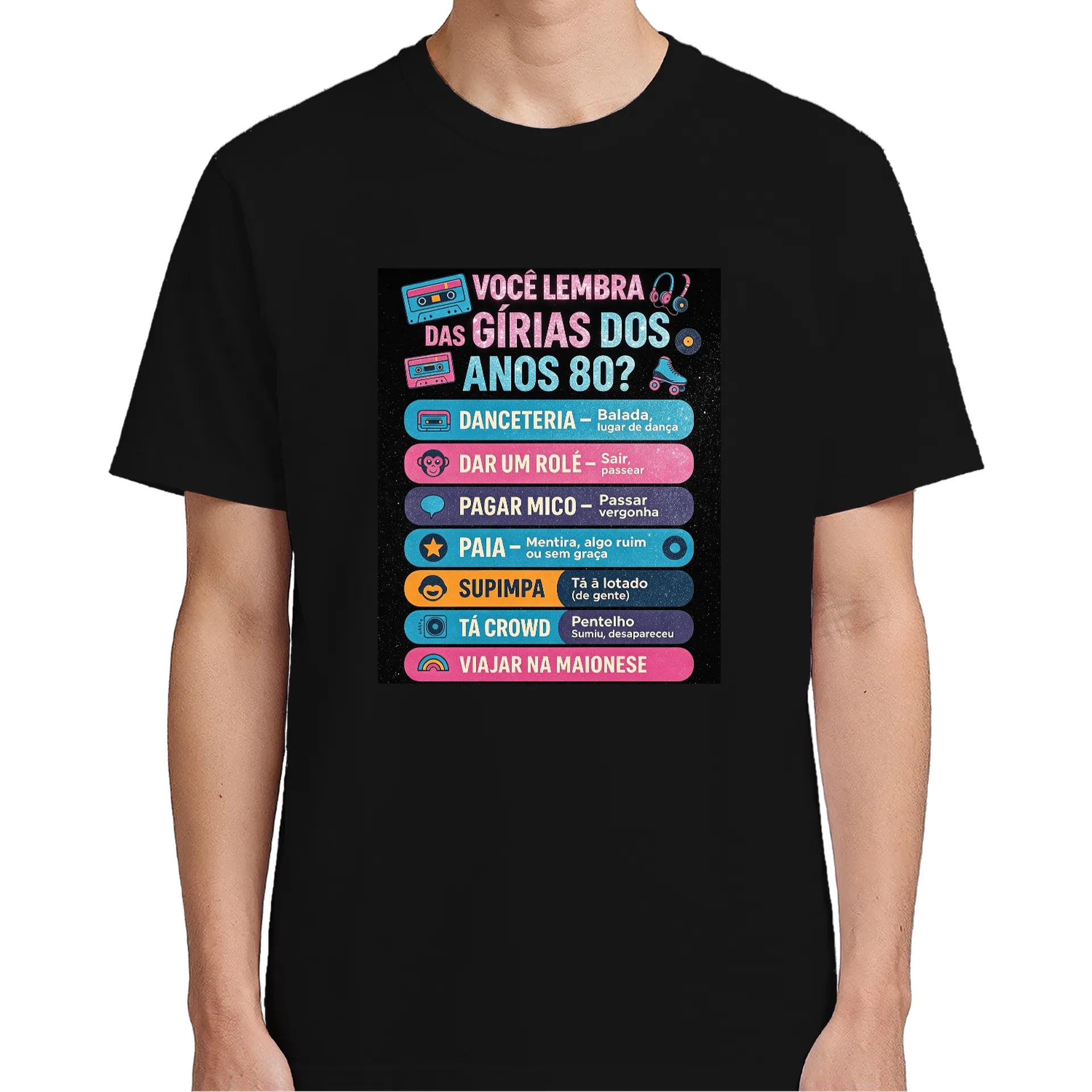 Camiseta Estampa Anos 80 Diversão 100% Algodão Preto - Imagem 4