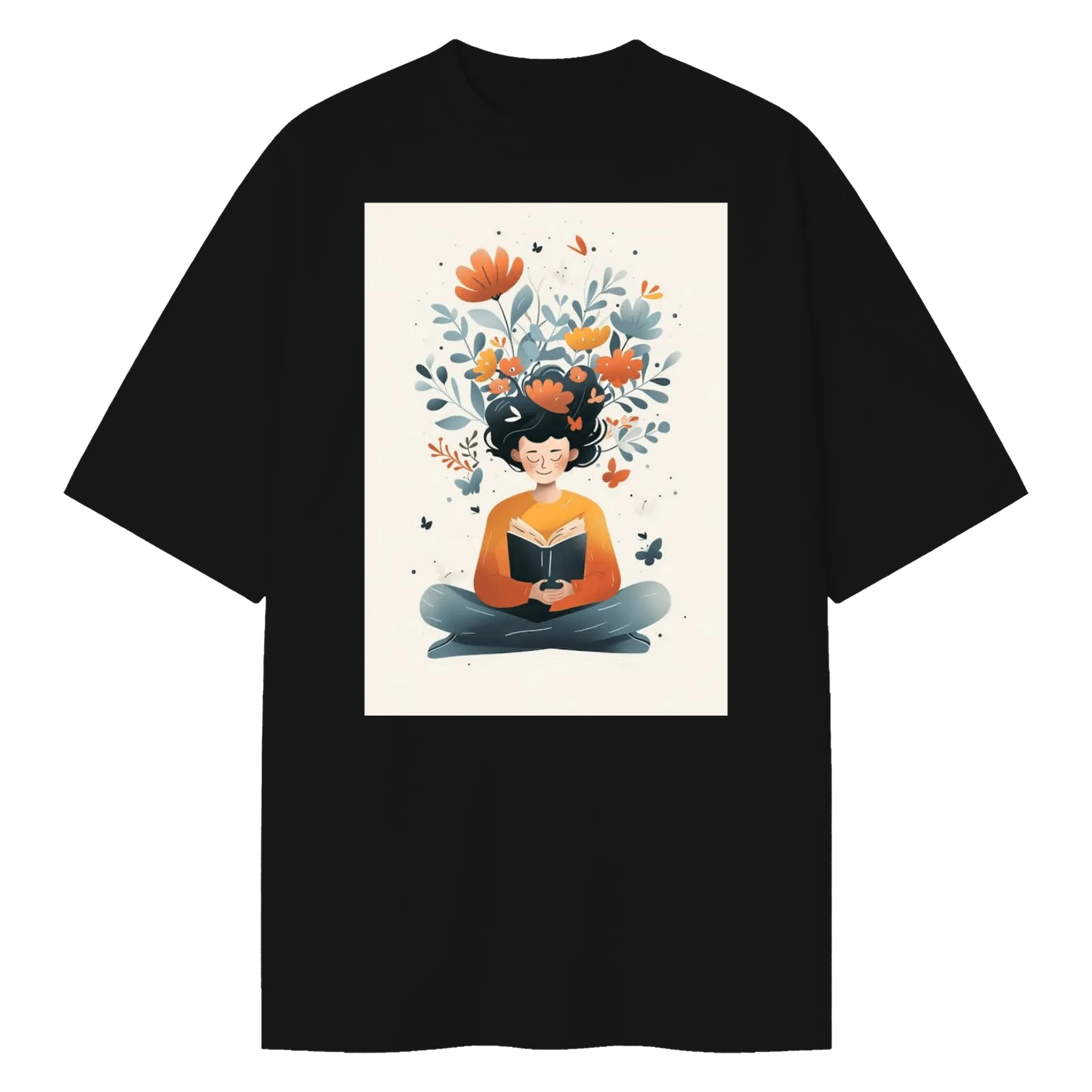Camiseta Oversized Leitura Flores 100% Algodão Preto - Imagem 1