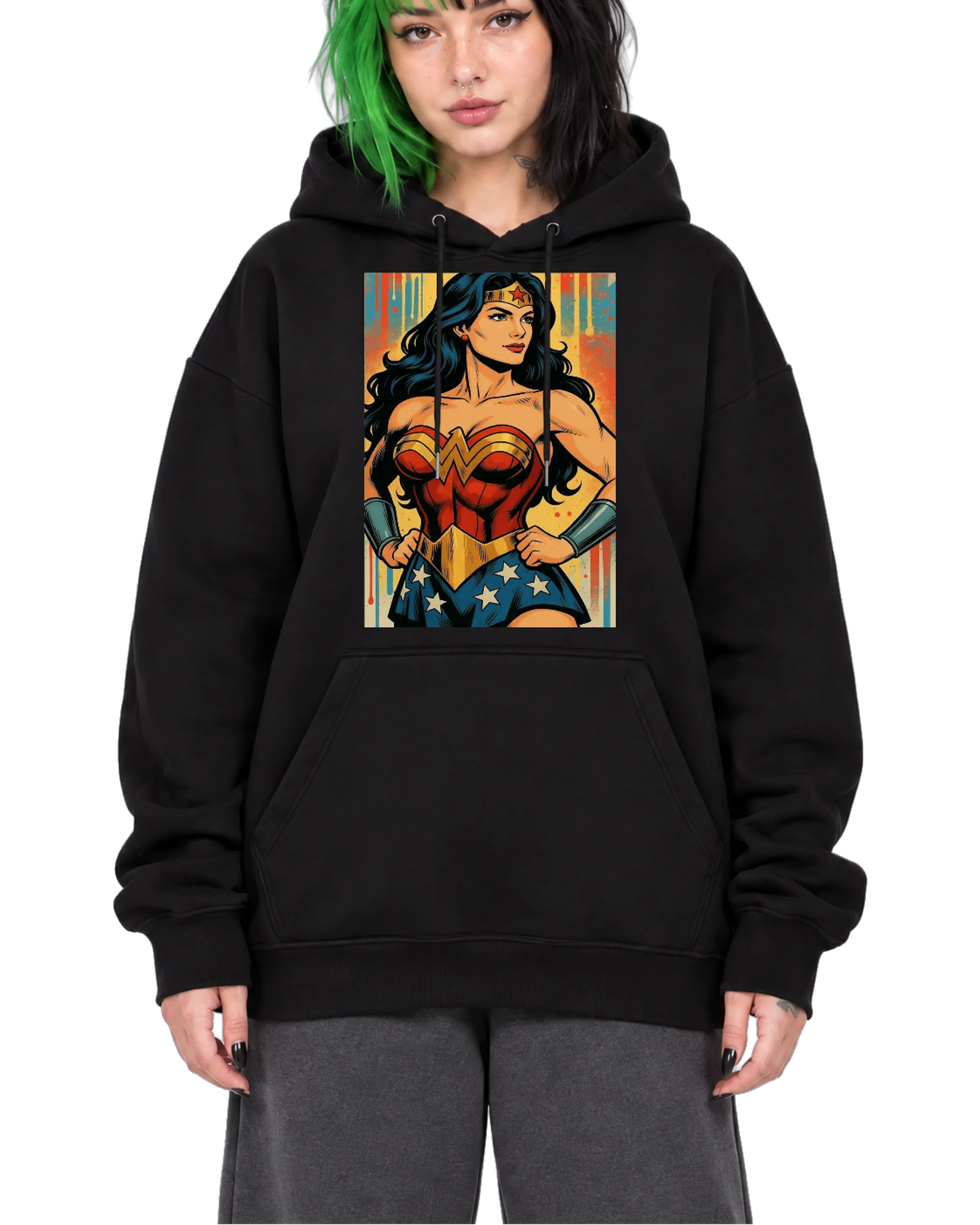 Blusa Moletom Canguru Mulher-Maravilha Estilo Retrô Colorido - Imagem 1