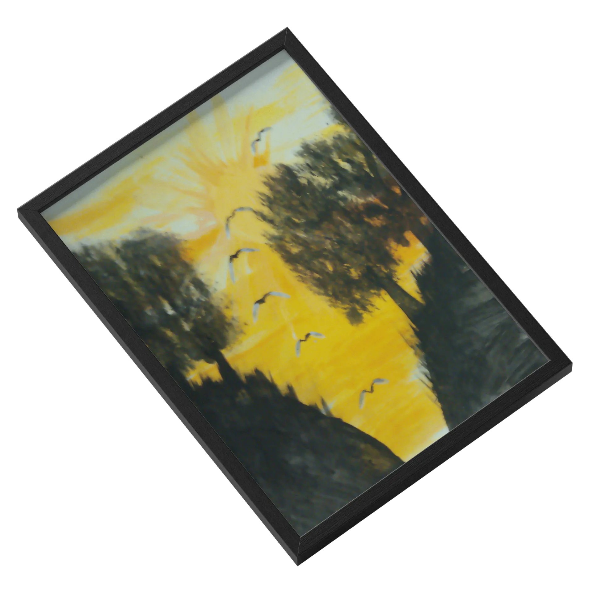 Quadro Paisagem Pintada Árvores e Pássaros A3 com Vidro - Imagem 2