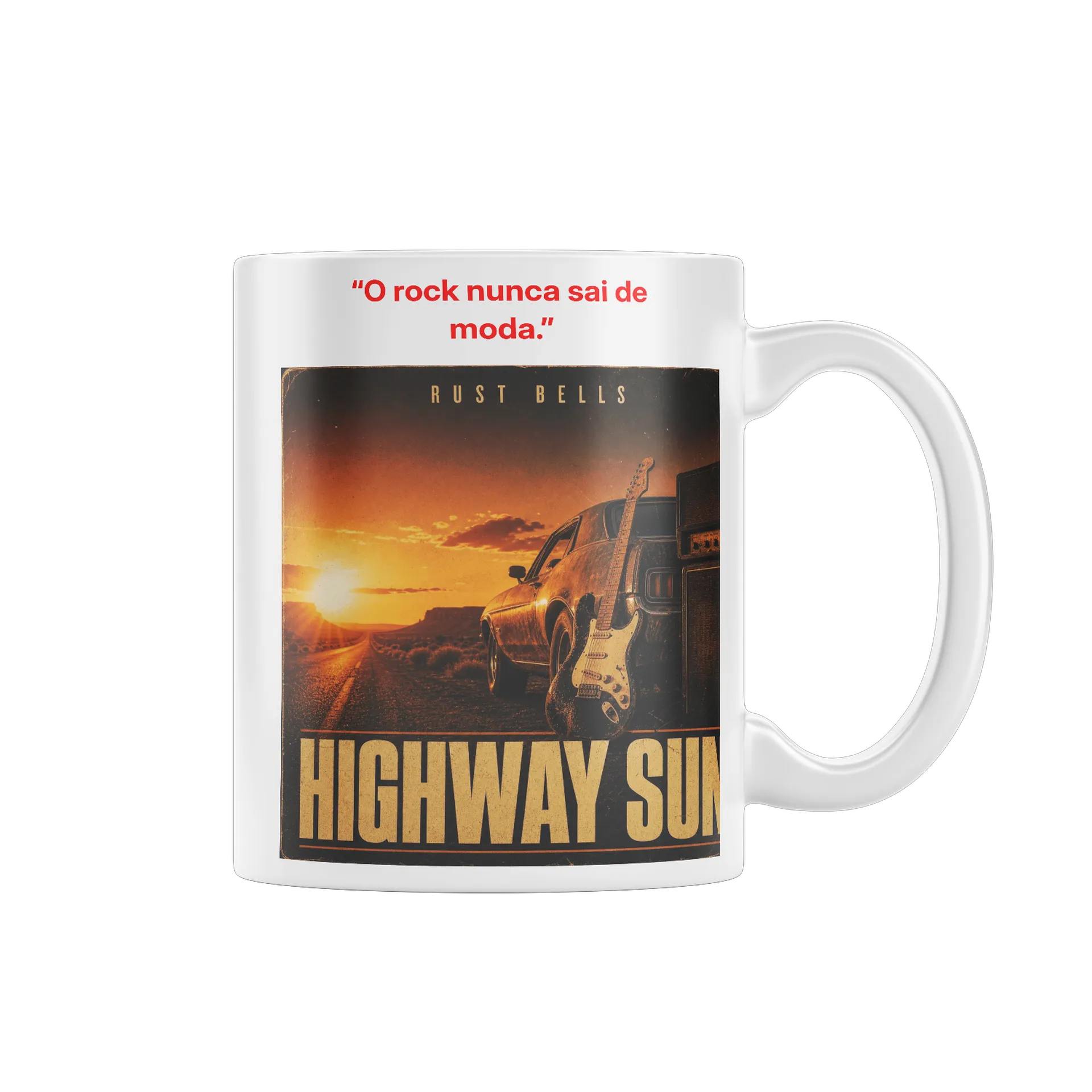Caneca Highway Sun Estampa Retrô de Carro e Guitarra 325ml - Imagem 1