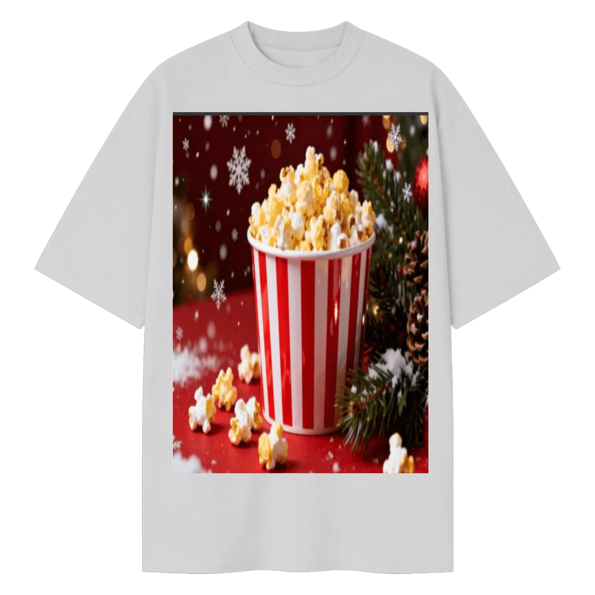 Camiseta Oversized Pipoca e Árvore de Natal Estilo Realista - Imagem 1
