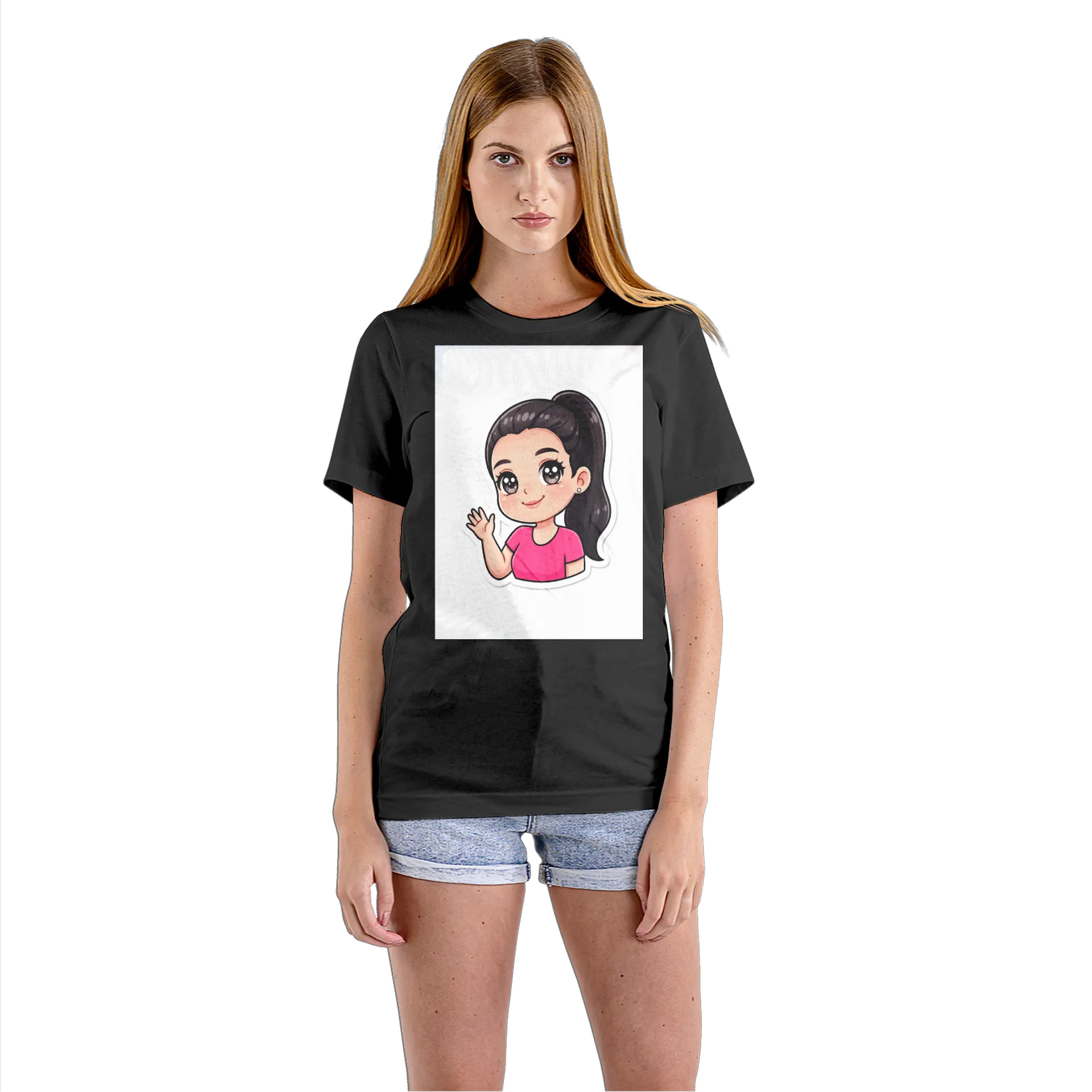 Camiseta Babylook Garota Cartoon Cabelo Escuro 100% Algodão - Imagem 3