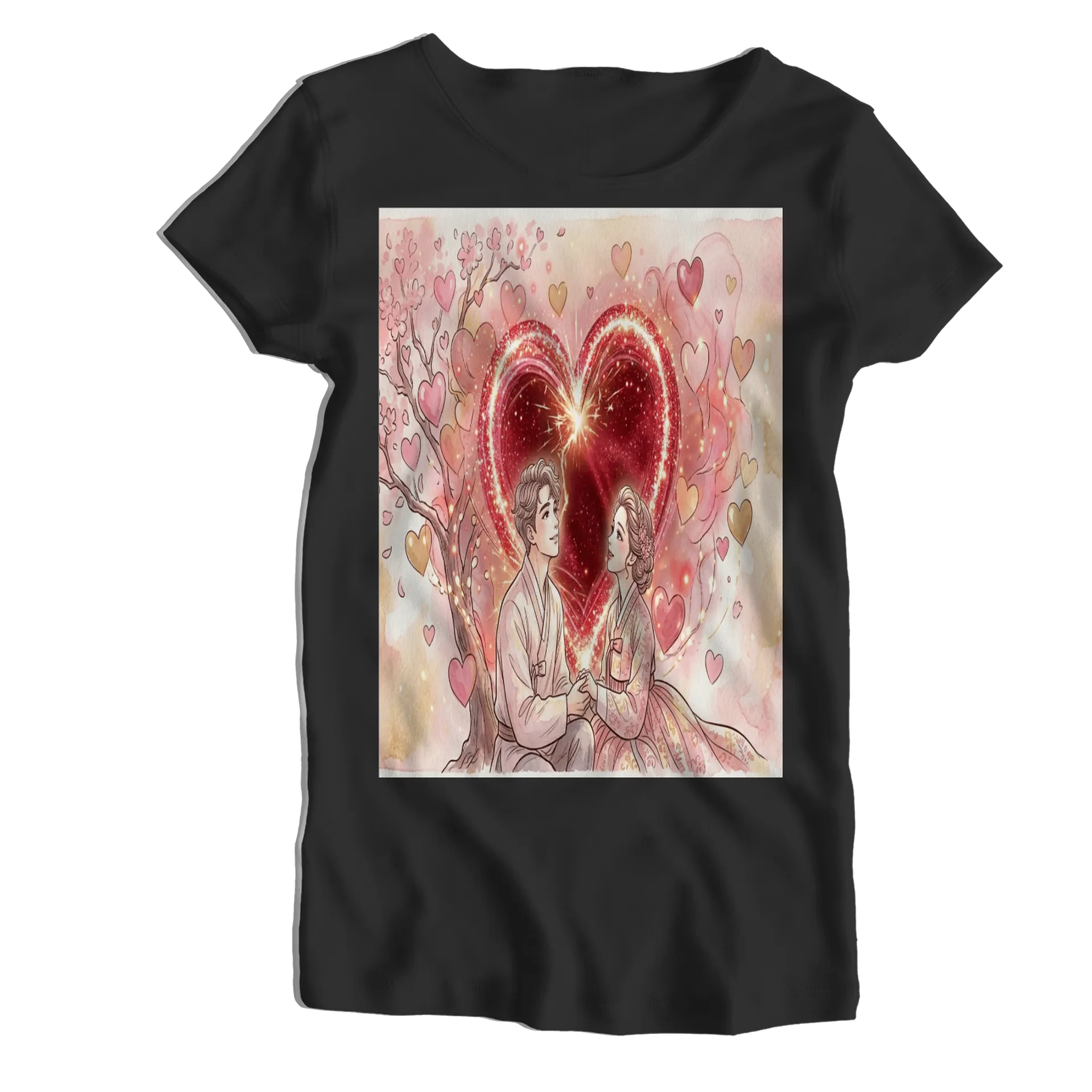 Camiseta Babylook Casal Romântico Coração Brilhante 100% - Imagem 1