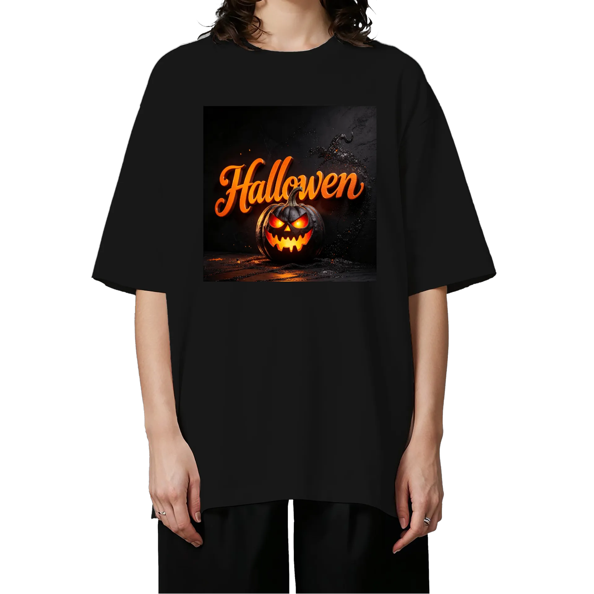 Camiseta Oversized Halloween Abóbora Tipográfica Laranja e - Imagem 3