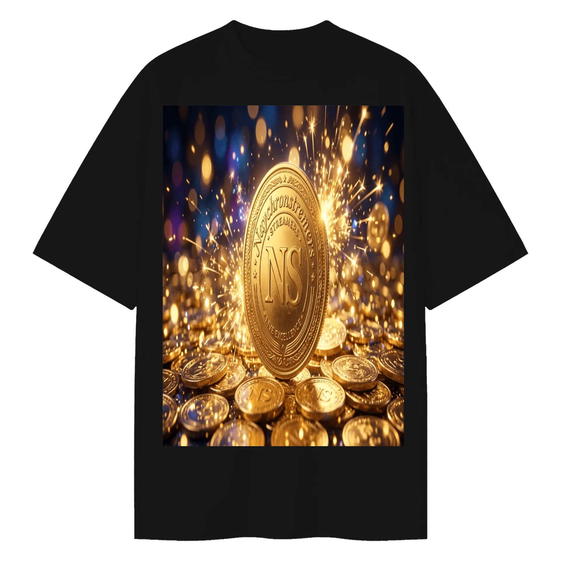 Camiseta Oversized Moeda NS Dourada com Tipografia Streamers - Imagem 1