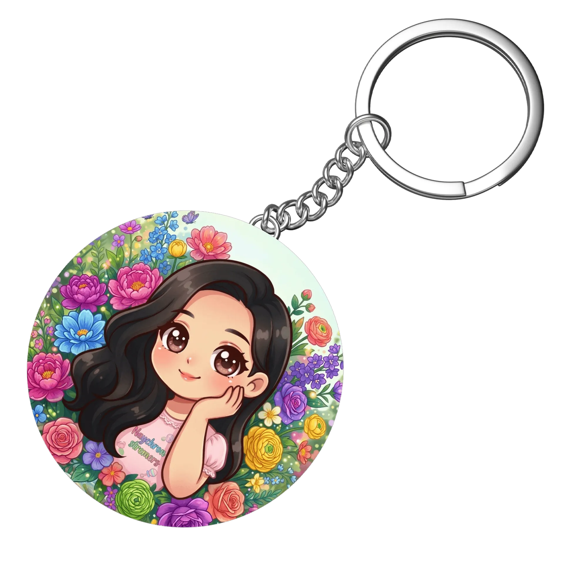 Chaveiro MDF Menina Cartoon Flores Coloridas 'Naychron - Imagem 3