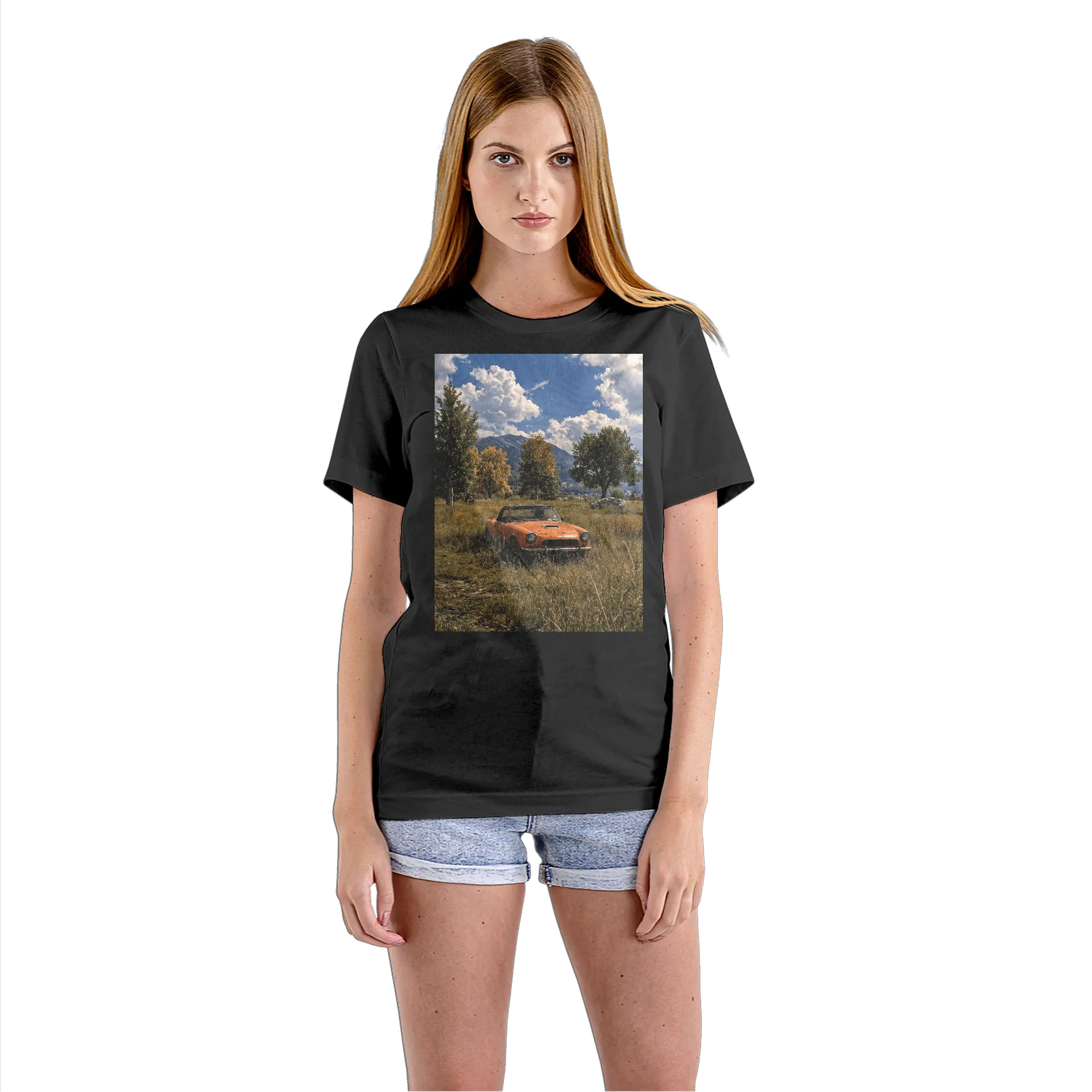 Camiseta Babylook Carro Clássico Laranja Paisagem 100% - Imagem 3
