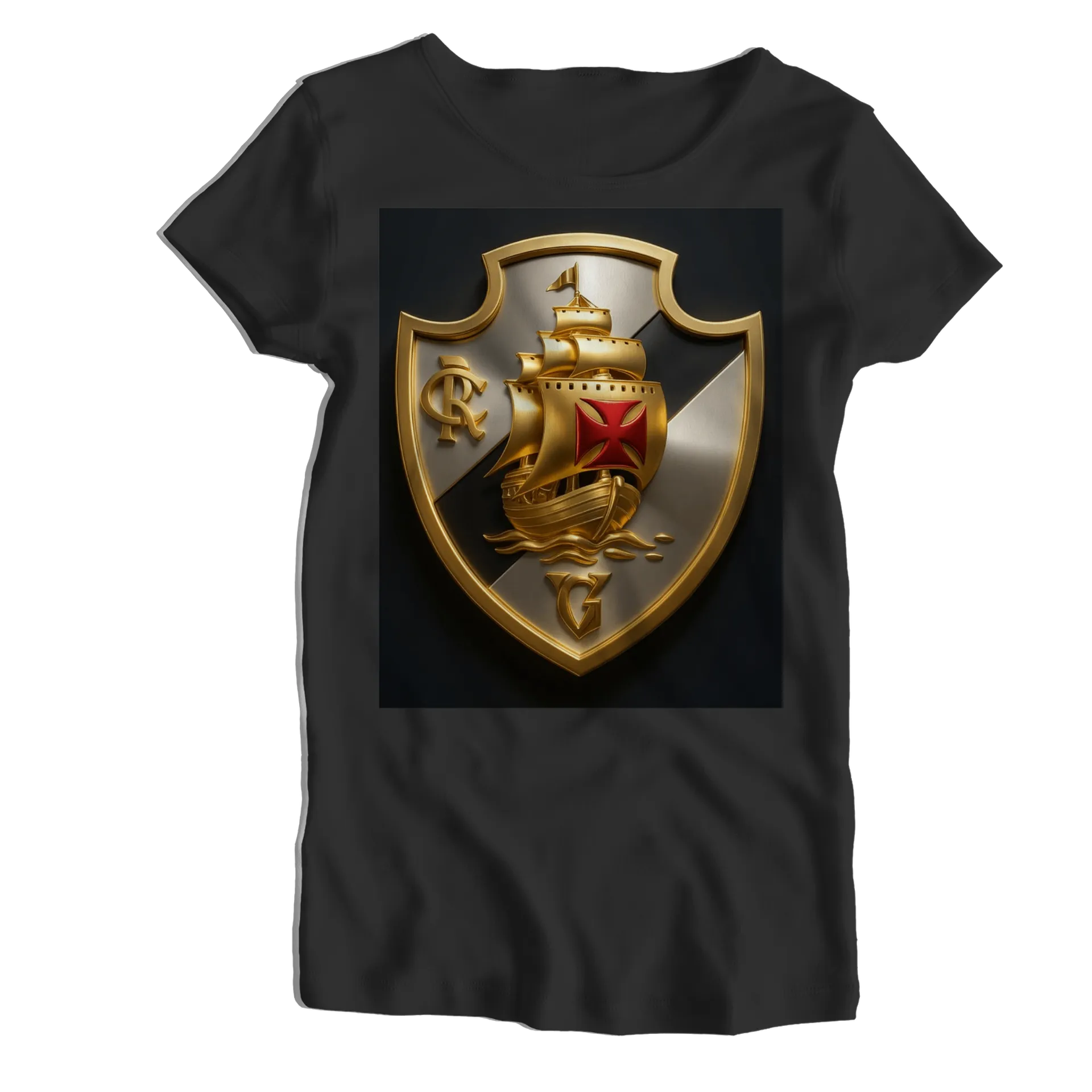 Camiseta Babylook Brasão com Navio Dourado 100% Algodão - Imagem 1