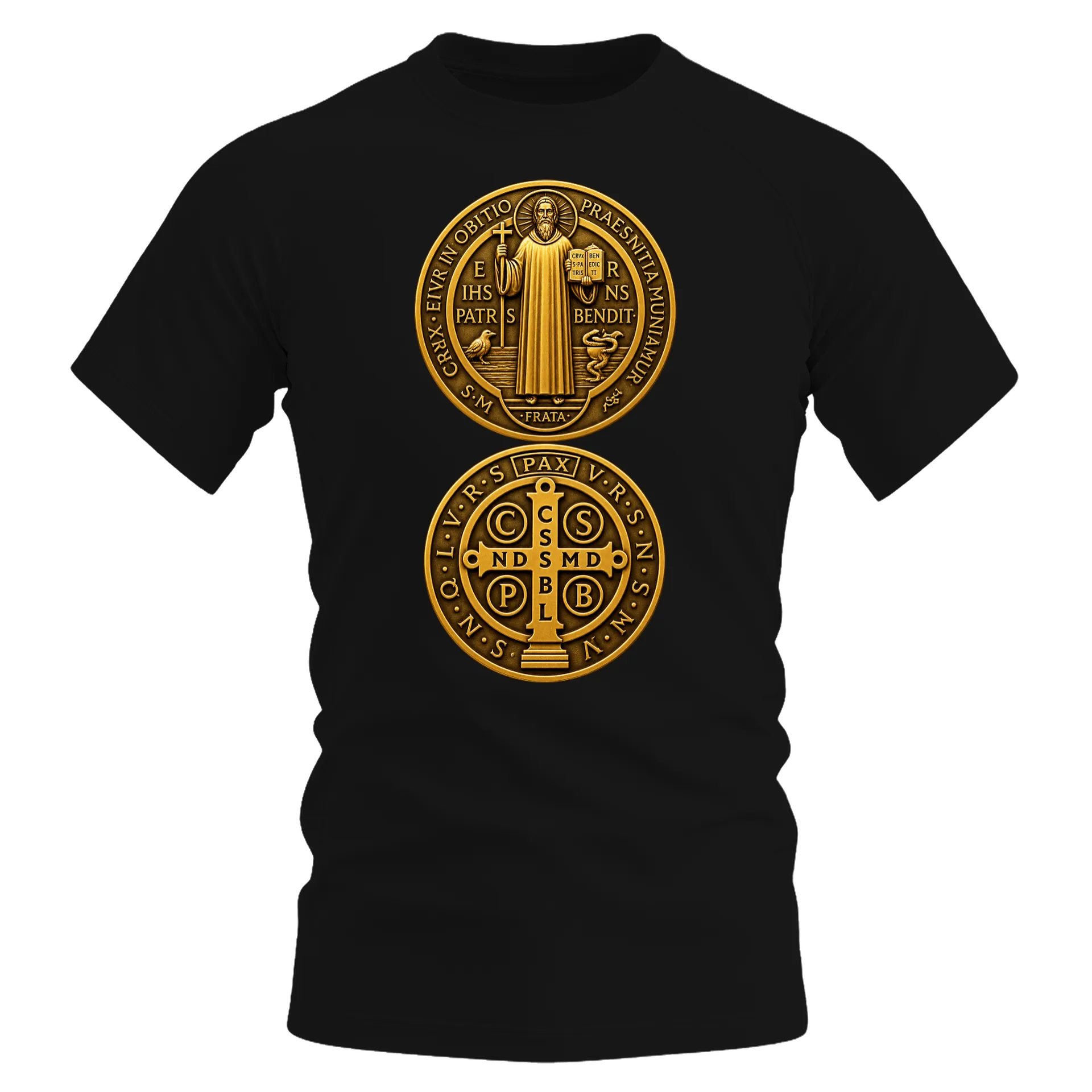 Camiseta Dry Fit Medalha de São Bento Dourada Monocromática - Imagem 1