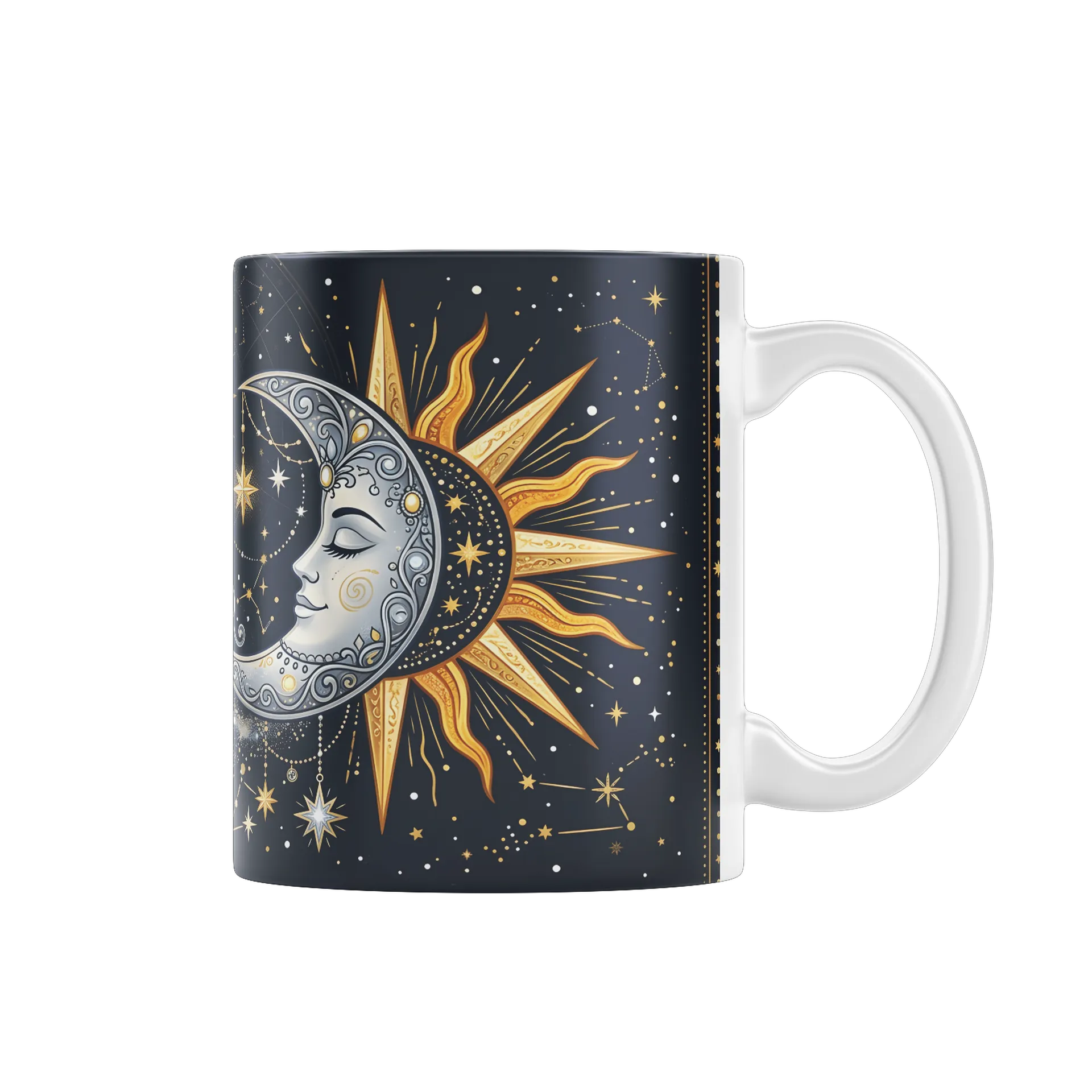 Caneca Porcelana Sol e Lua Estrelas Azul e Dourado 325ml - Imagem 1