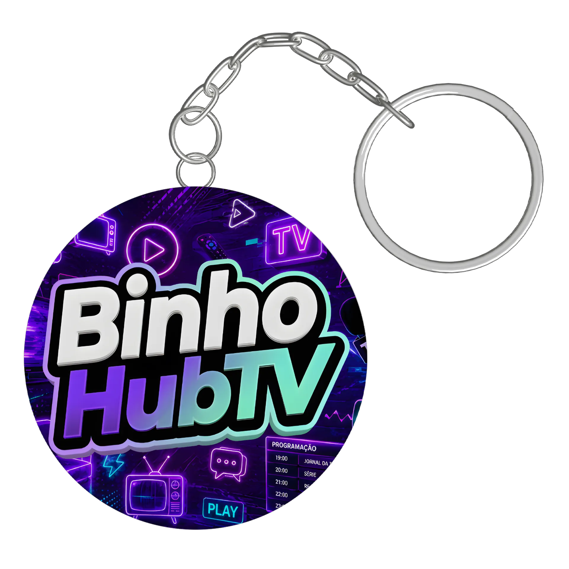 Chaveiro MDF Logotipo Binho HubTV Neon Roxo e Ciano de Binho — imagem 2 de 3