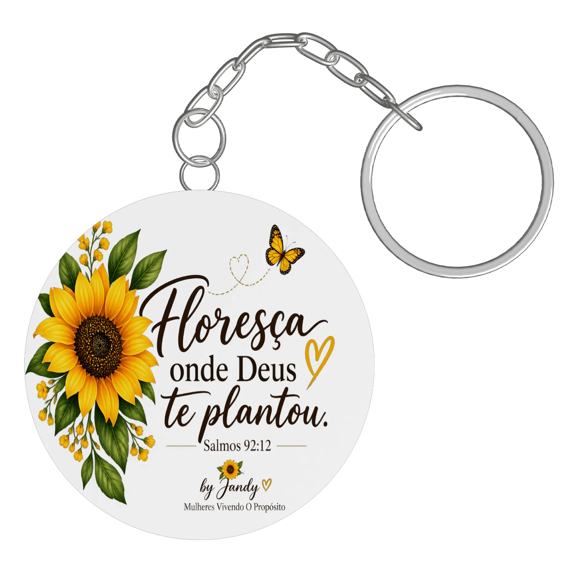 Chaveiro MDF Girassol e Borboleta Frase Bíblica Salmos 92:12 - Imagem 2