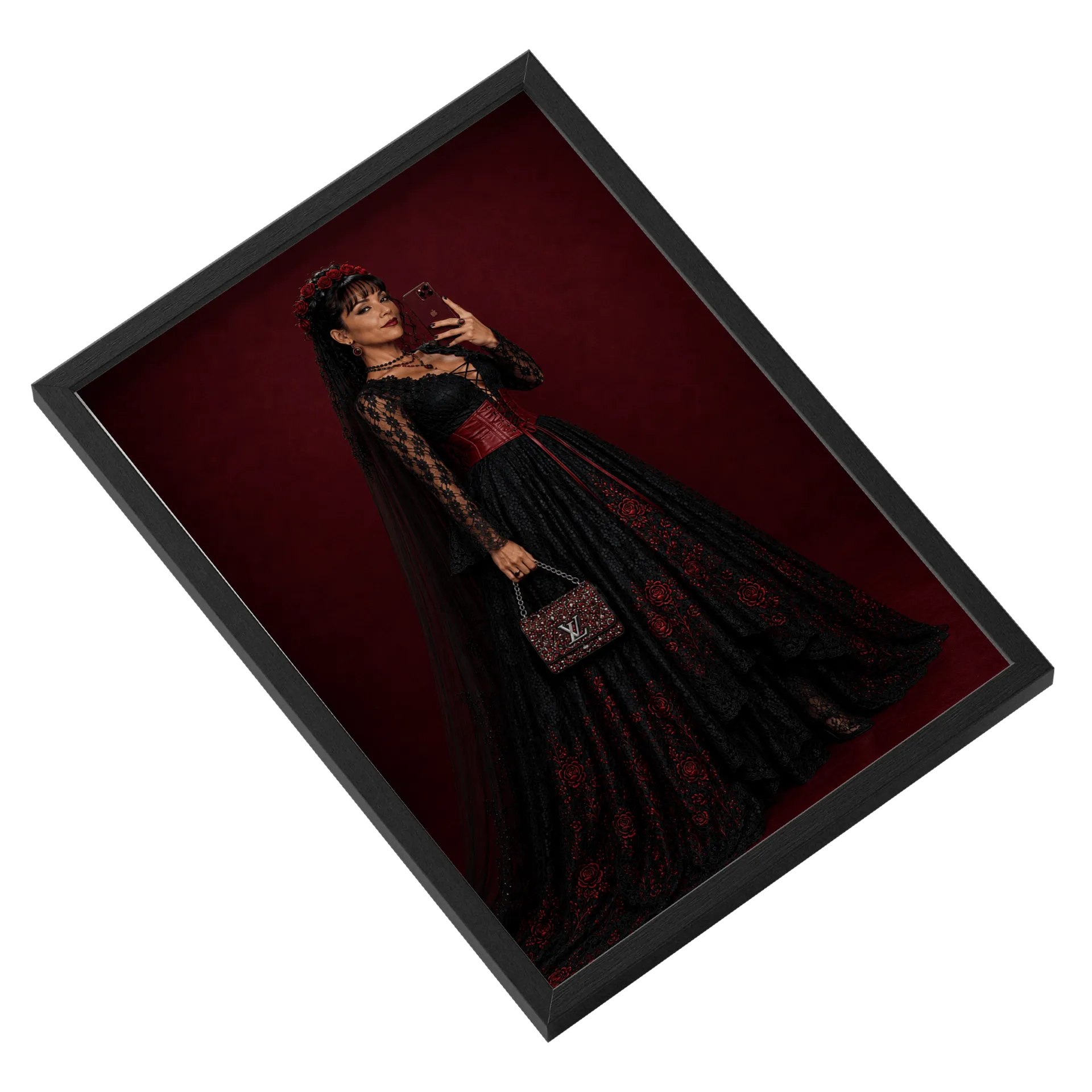 Quadro Princesa Negra Gótica Bordado Vermelho A3 MDF e Vidro - Imagem 2