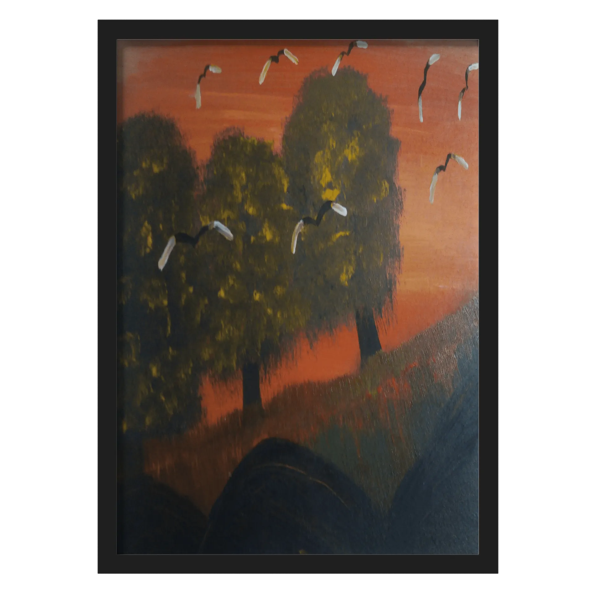 Quadro Aquarela de Árvores e Pássaros A3 com Vidro - Imagem 1