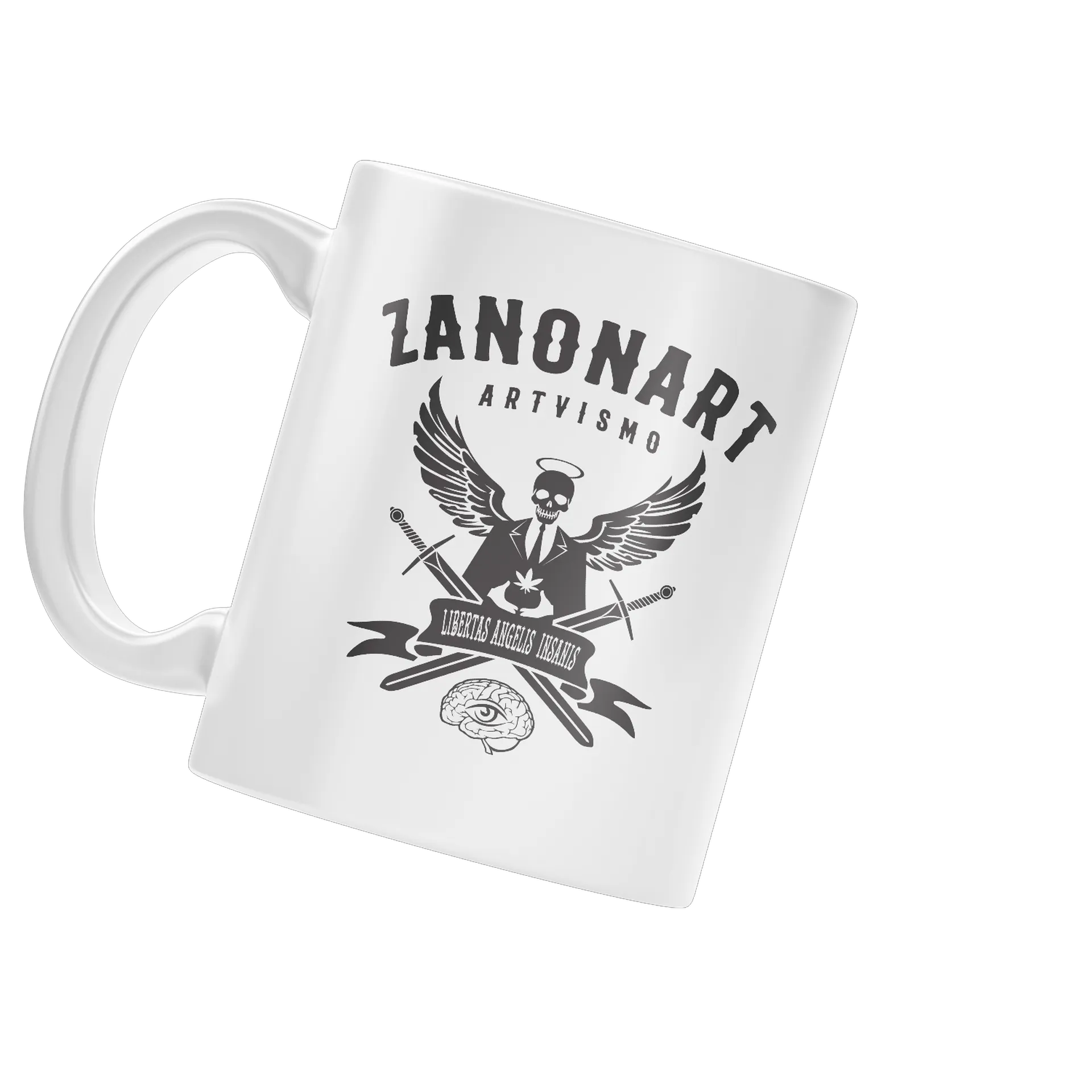 Caneca Porcelana Caveira com Asas e Espadas Branco - Imagem 3