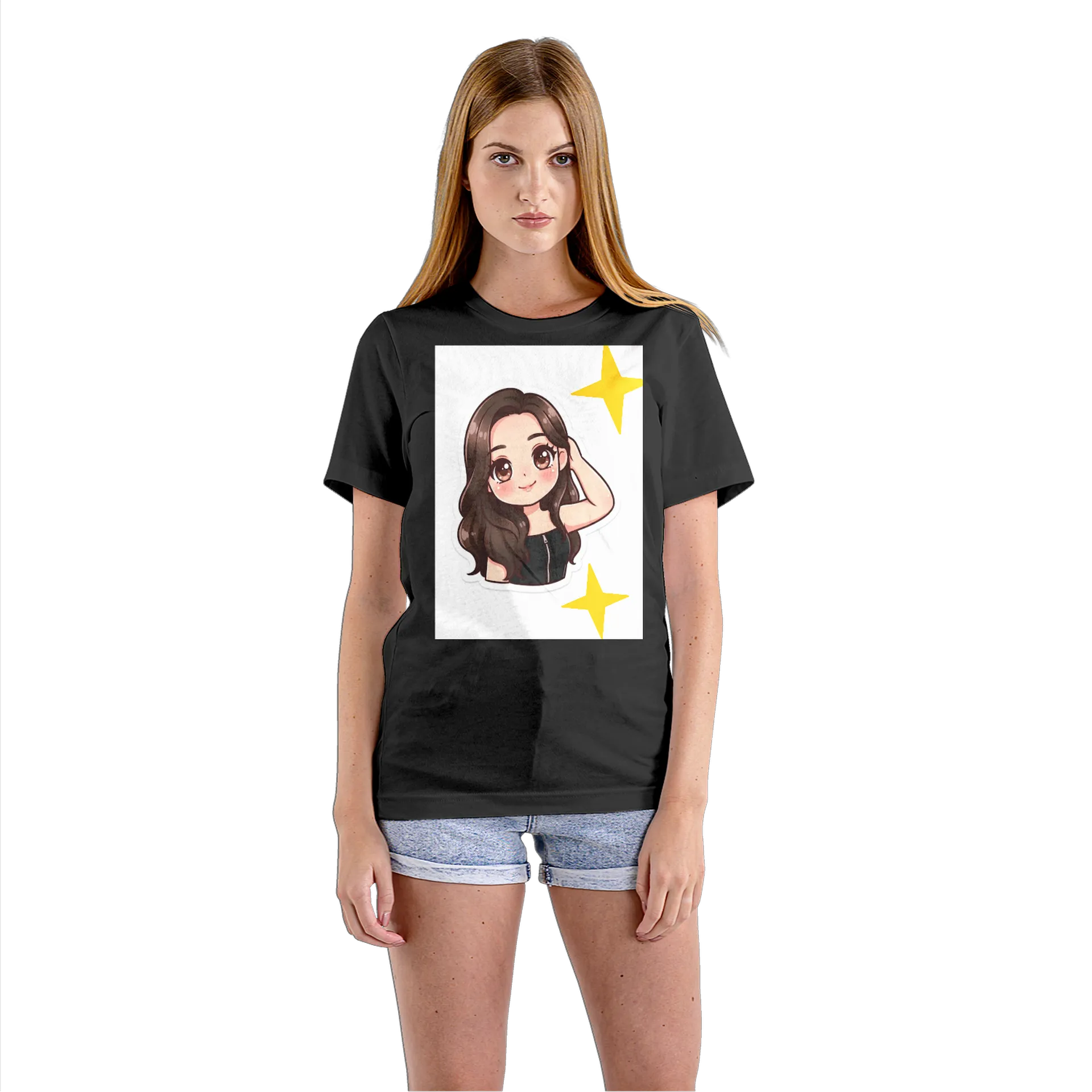 Camiseta Babylook Garota Cartoon Cabelo Castanho 100% - Imagem 3