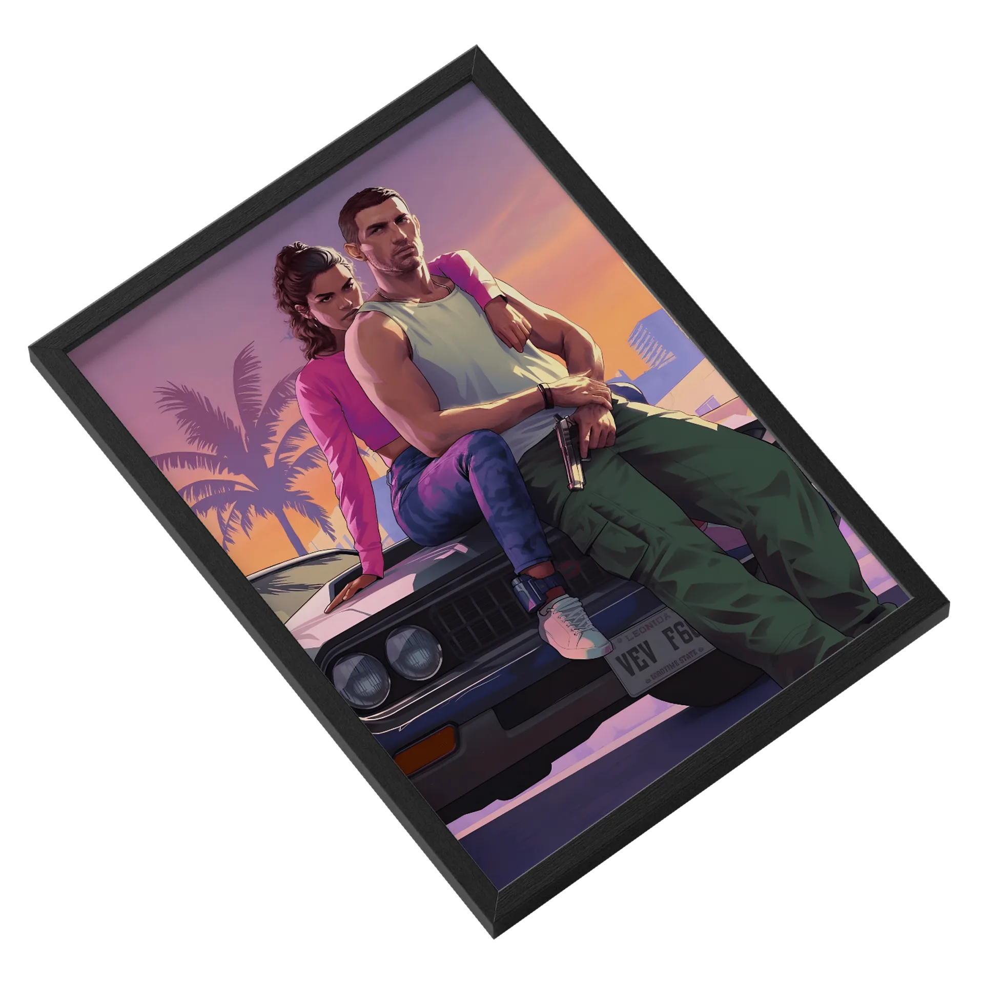 Quadro Casal Ilustração Carro Pôr do Sol A3 Com Vidro - Imagem 2