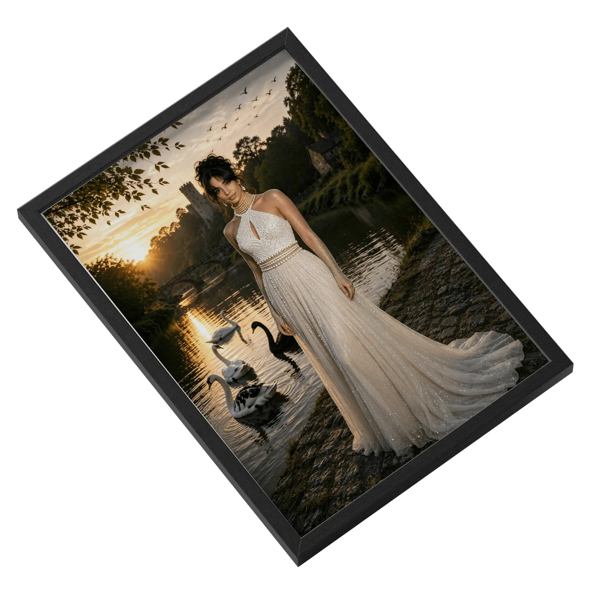 Quadro Retrô Mulher Brilhante Branco Dourado A3 com Vidro - Imagem 2