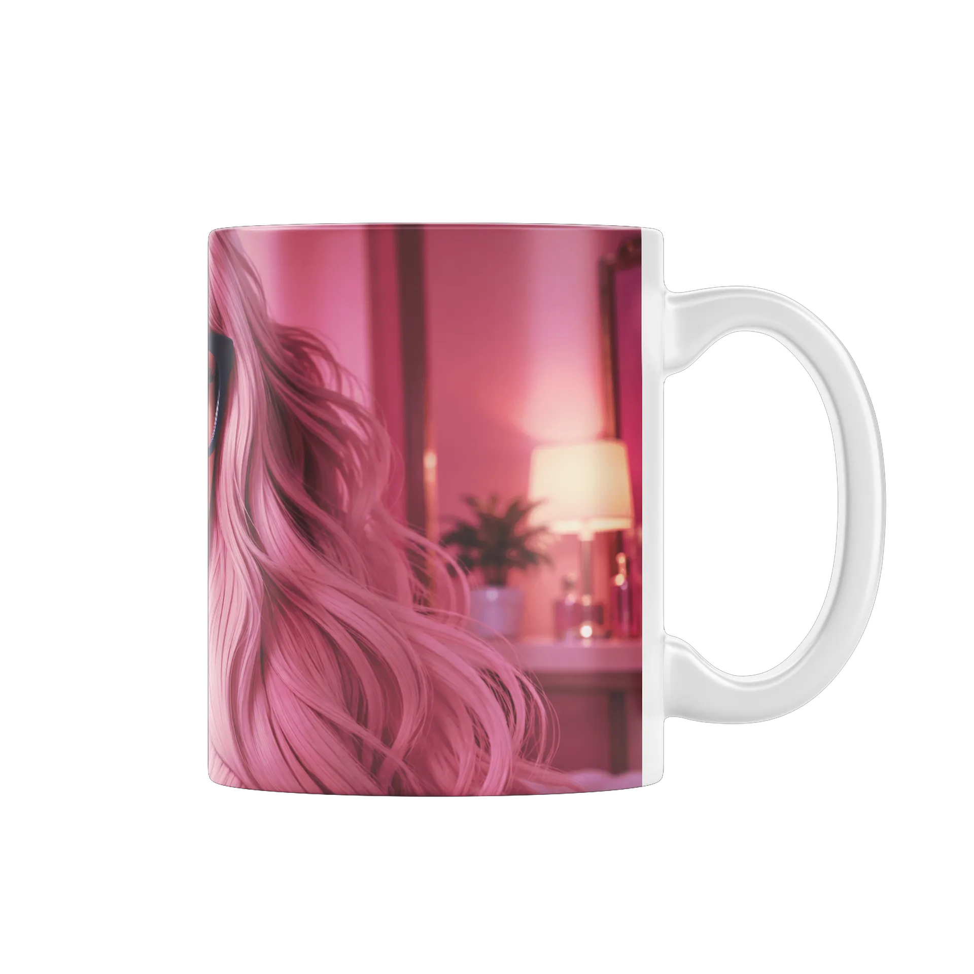 Caneca Porcelana Retrato Ilustrado Mulher de Cabelo Rosa - Imagem 1