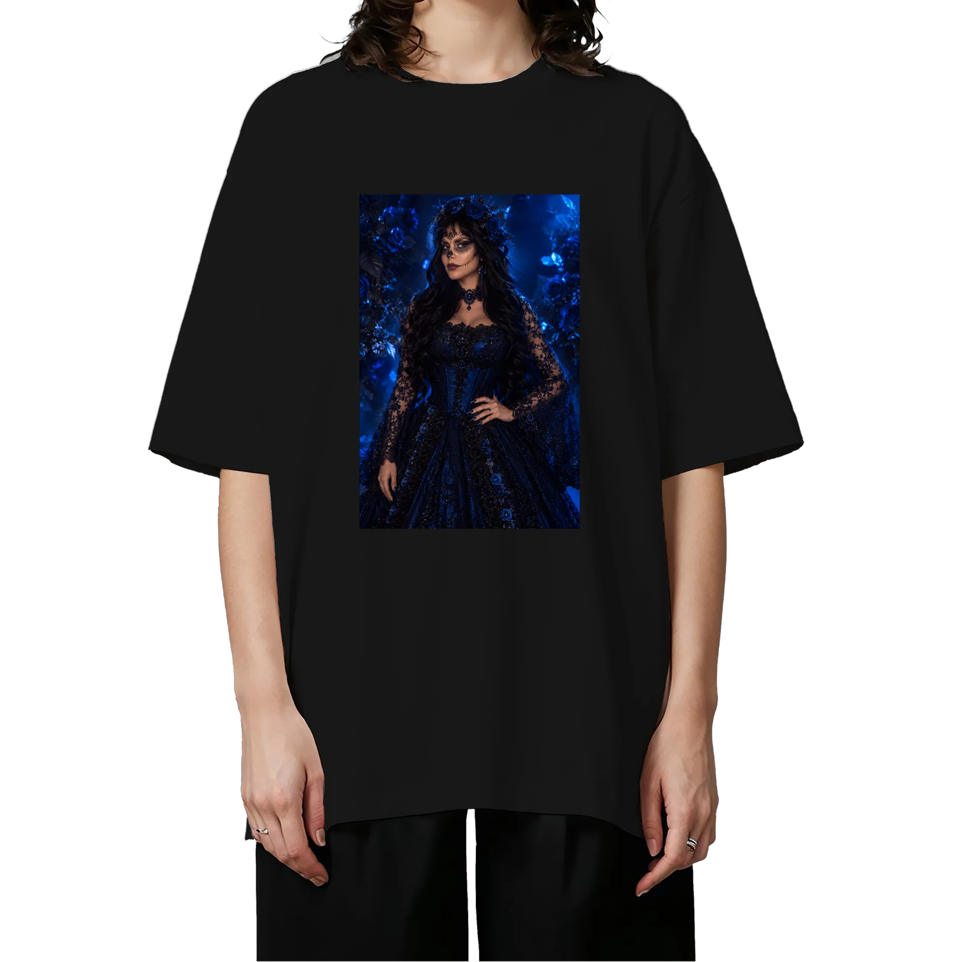 Camiseta Oversized Mulher com Maquiagem Artística e Rosas - Imagem 3