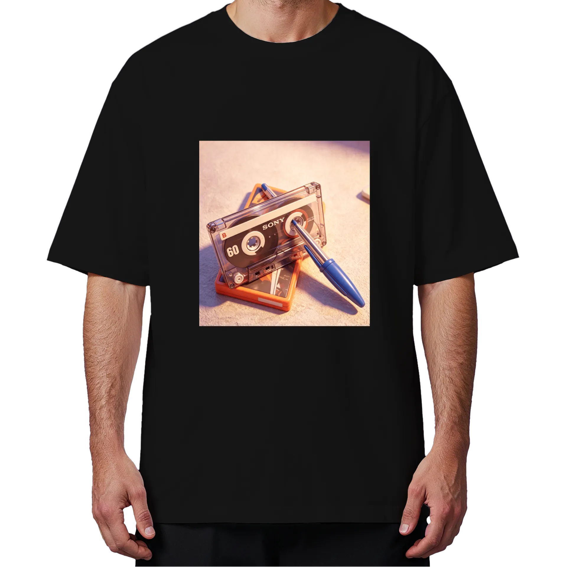 Camiseta Oversized Cassette Tape Estampa Neon Preto 100% - Imagem 4