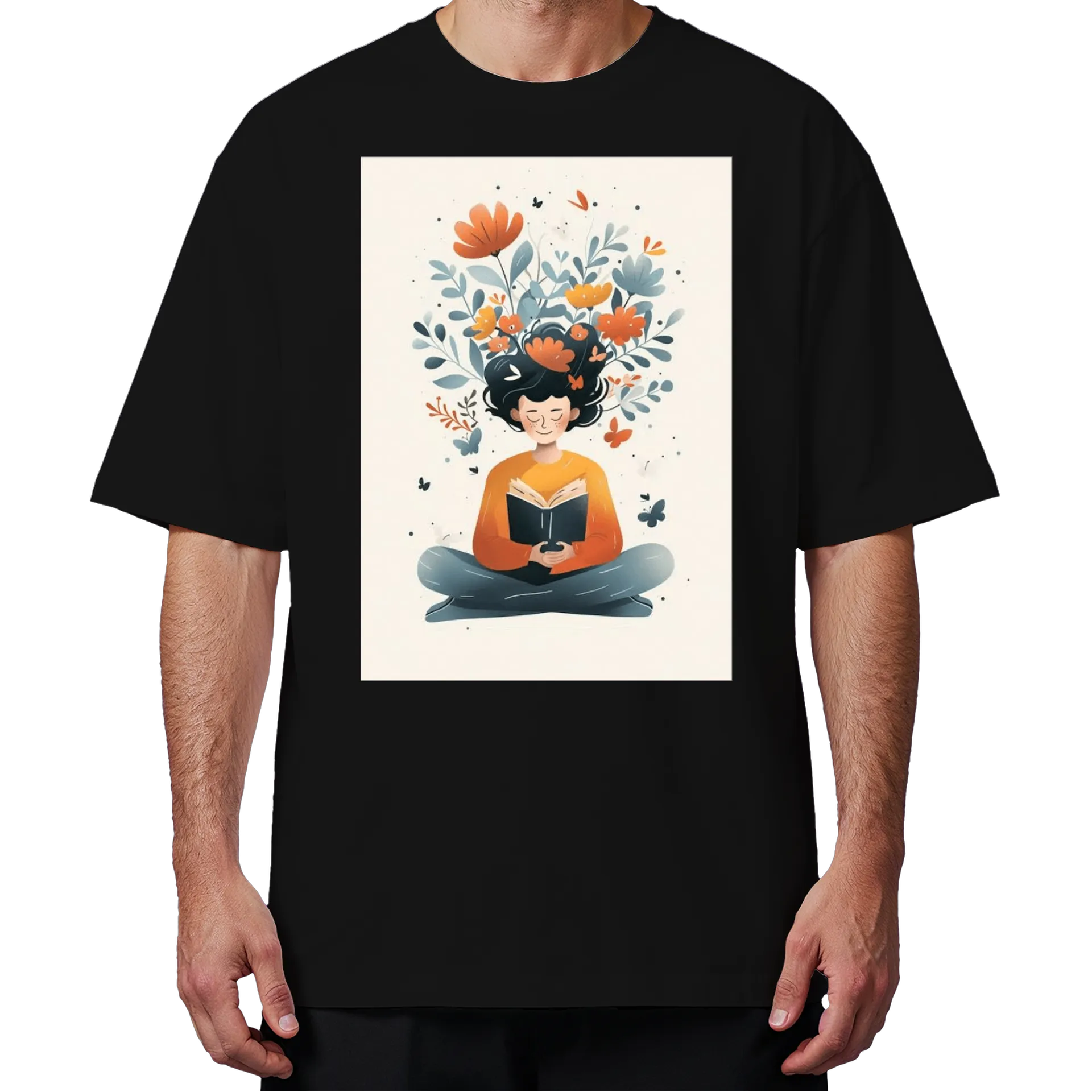 Camiseta Oversized Leitura Flores 100% Algodão Preto - Imagem 4