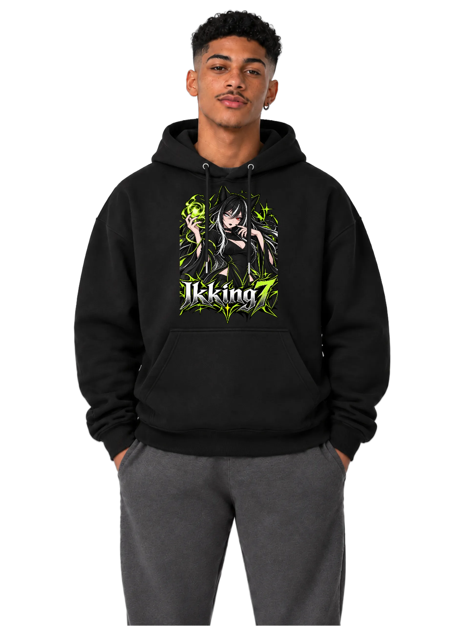 Blusa Moletom Canguru Garota Anime Gato Preto com Verde - Imagem 3