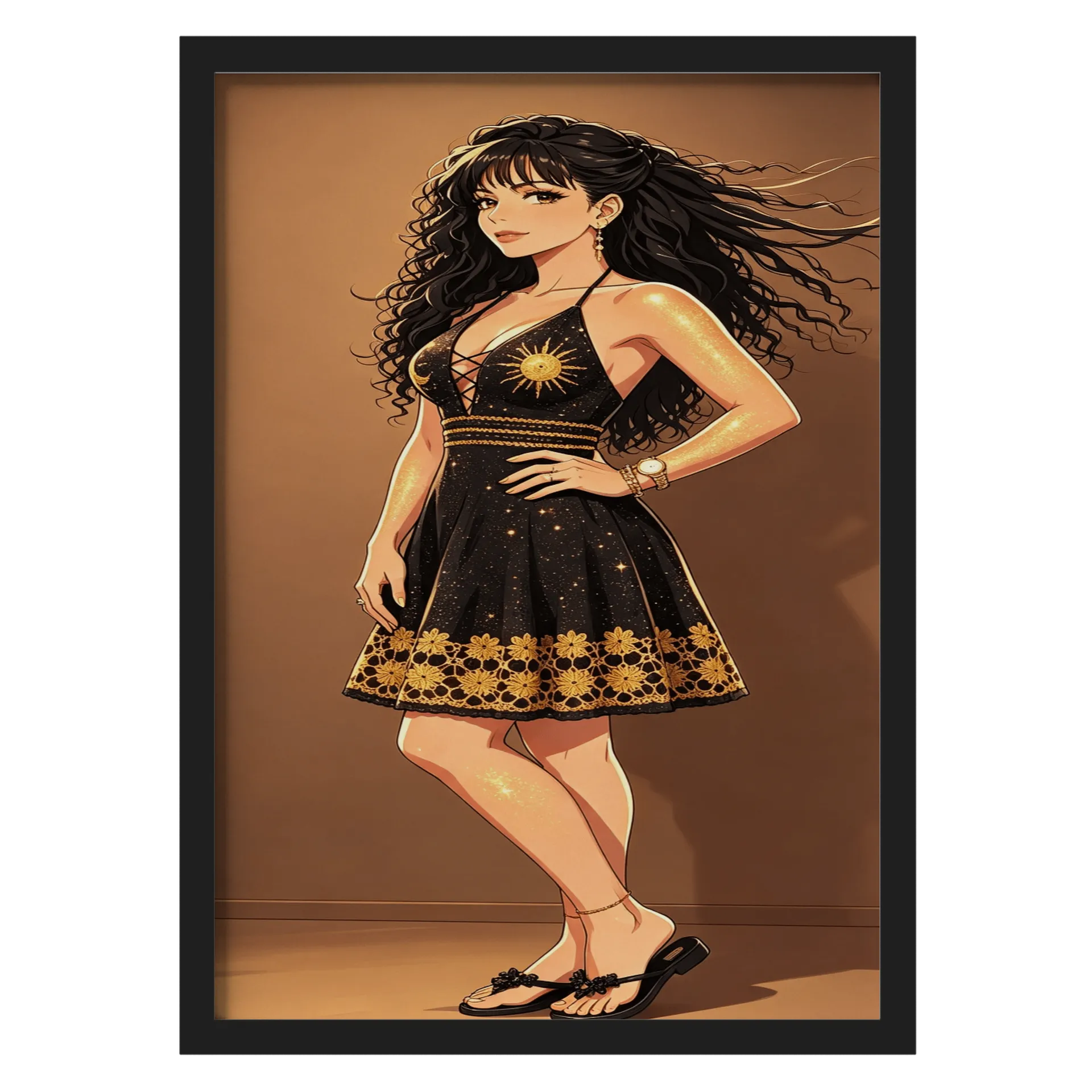 Quadro Modelo Mulher Elegante Ouro A3 MDF e Vidro - Imagem 1