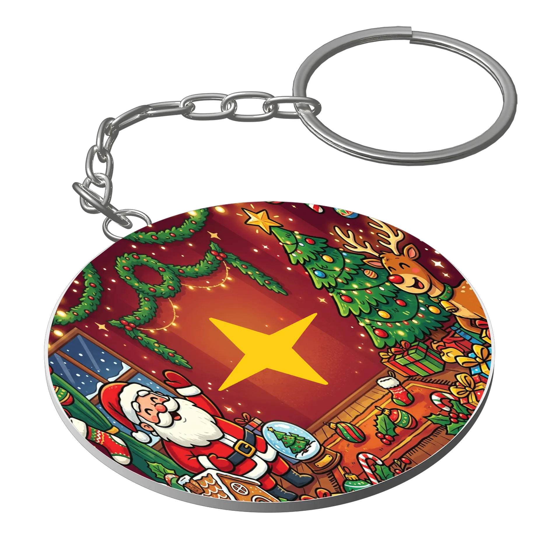 Chaveiro MDF Papai Noel Árvore de Natal Ilustração Colorida - Imagem 1