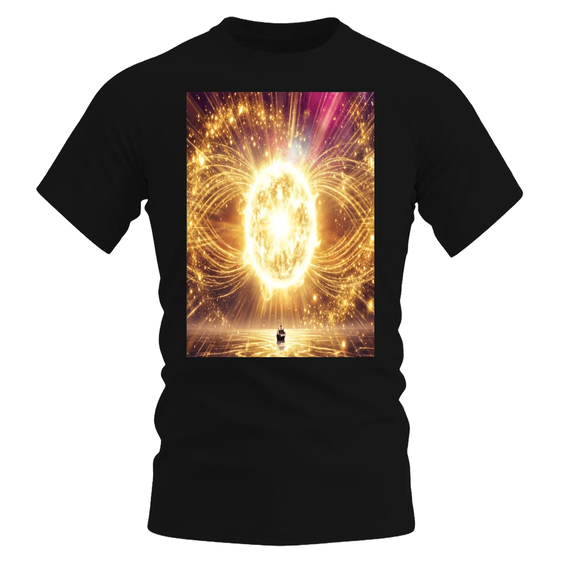 Camiseta Dry Fit Sol Dourado e Navio Cósmico Estilo Fantasia - Imagem 1