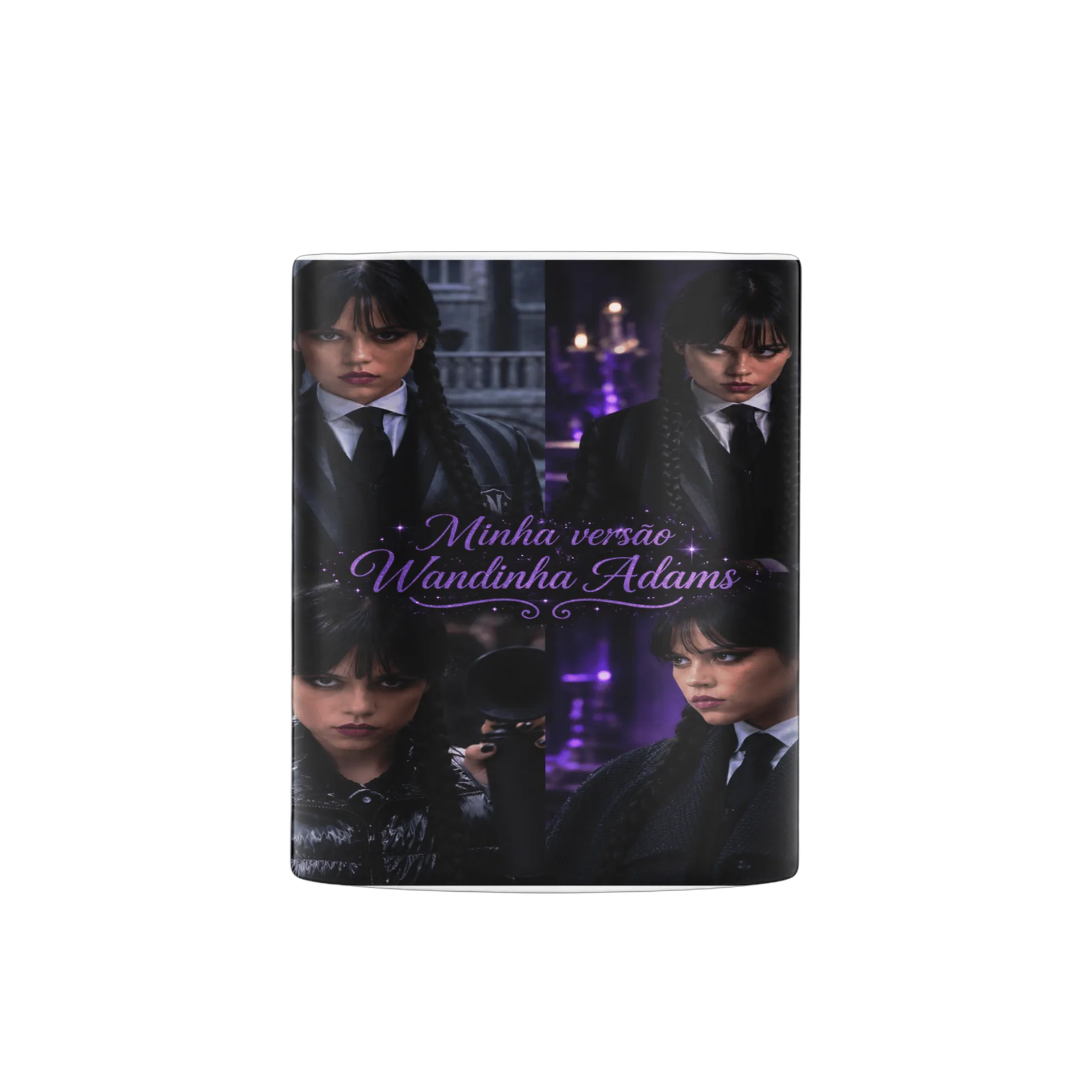 Caneca Cosplay Wandinha Addams Colagem com Texto Roxo 325ml - Imagem 2