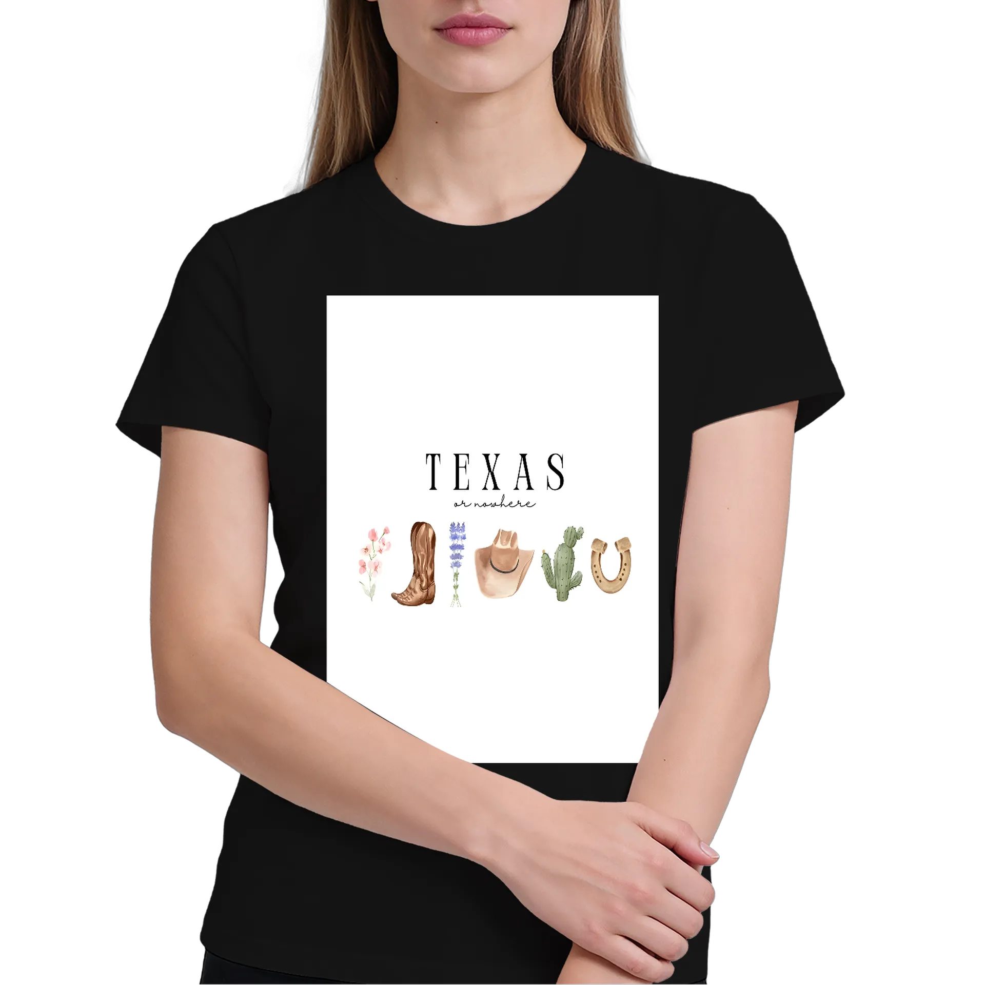 Camiseta Texas Botas Cacto Ferradura Aquarela 100% Algodão - Imagem 3