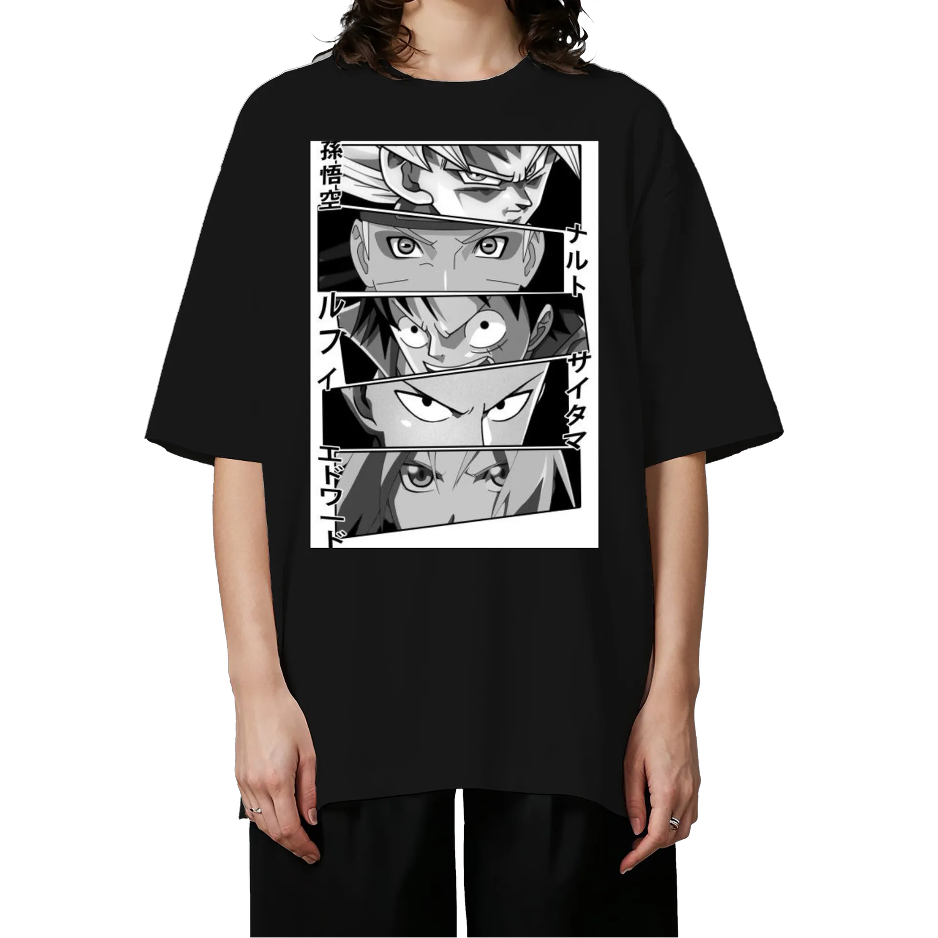 Camiseta Oversized Estampa Personagens Anime Preto e Branco - Imagem 3