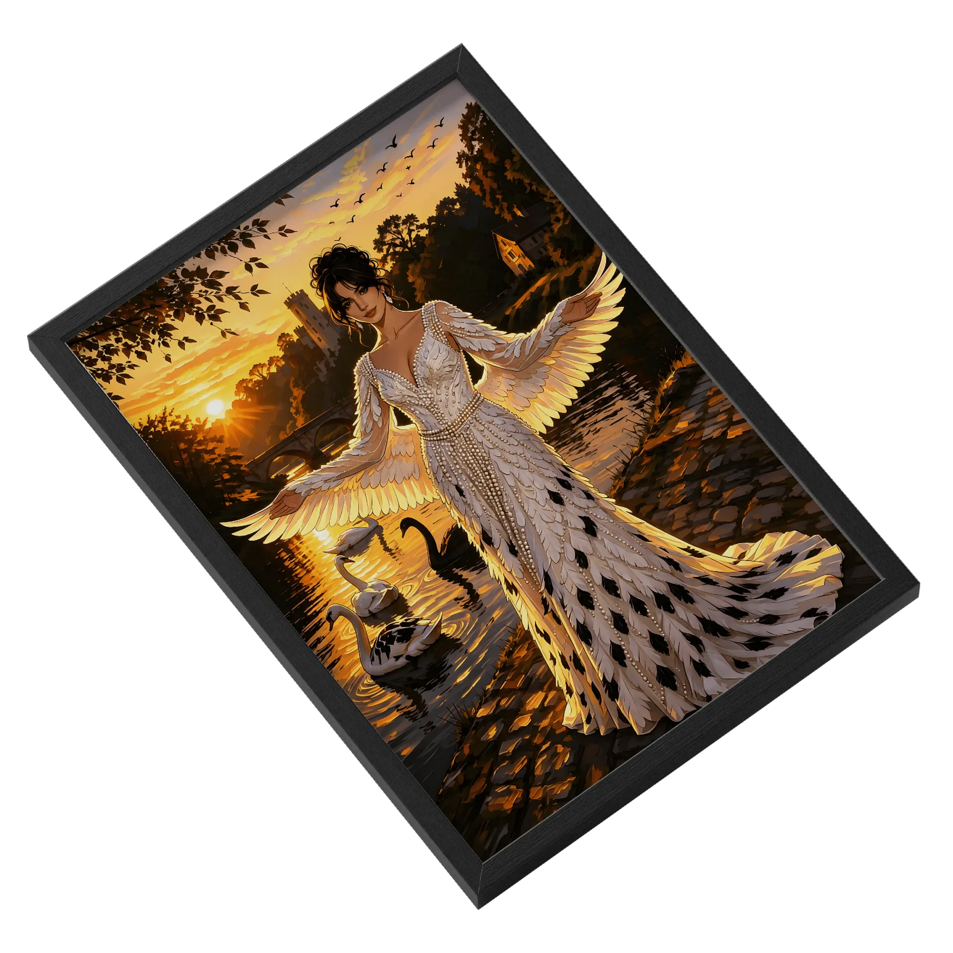 Quadro Anjo Alado Dourado Paisagem Bosque A3 com Vidro - Imagem 2