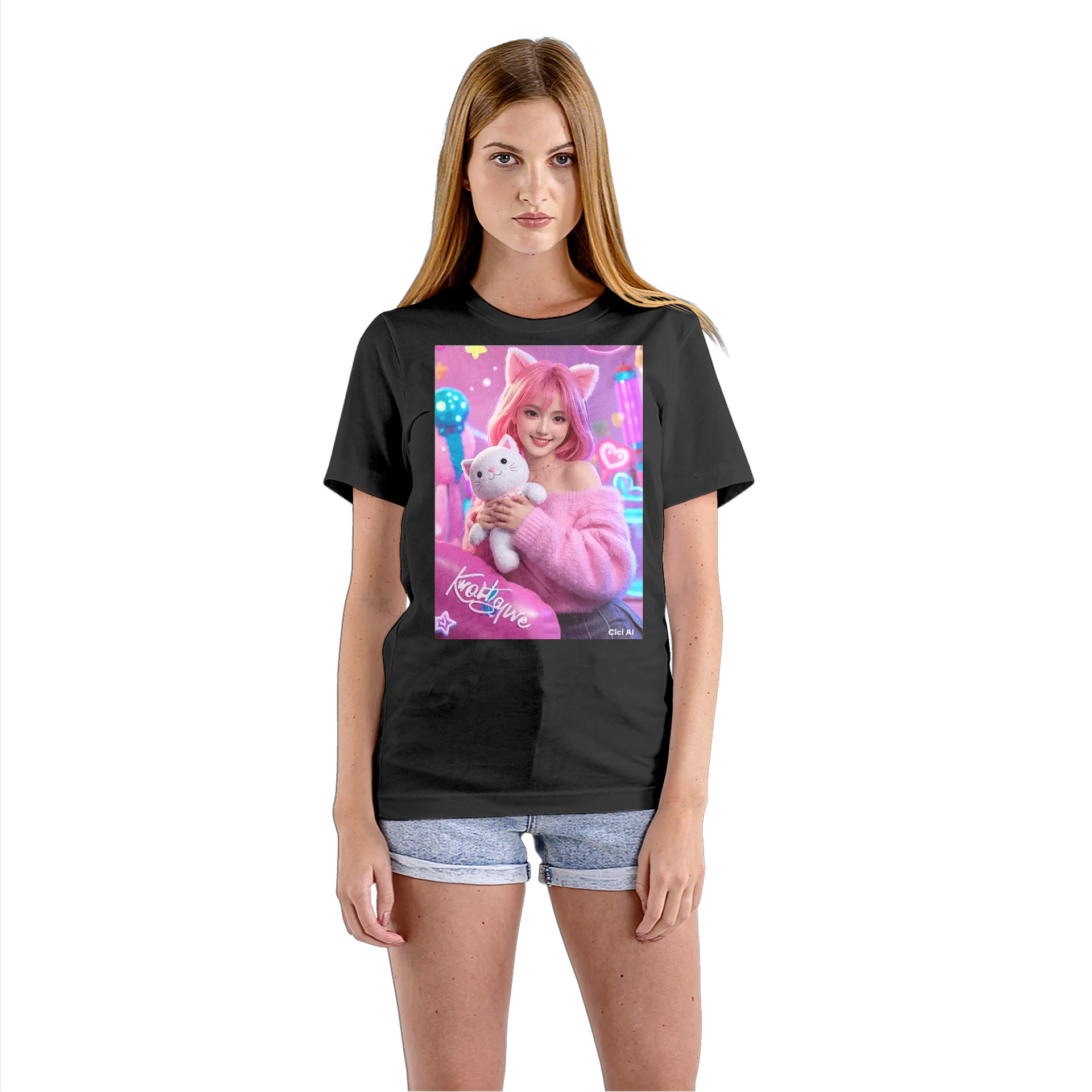Camiseta Babylook Gato de Pelúcia Arte Rosa 100% Algodão - Imagem 3