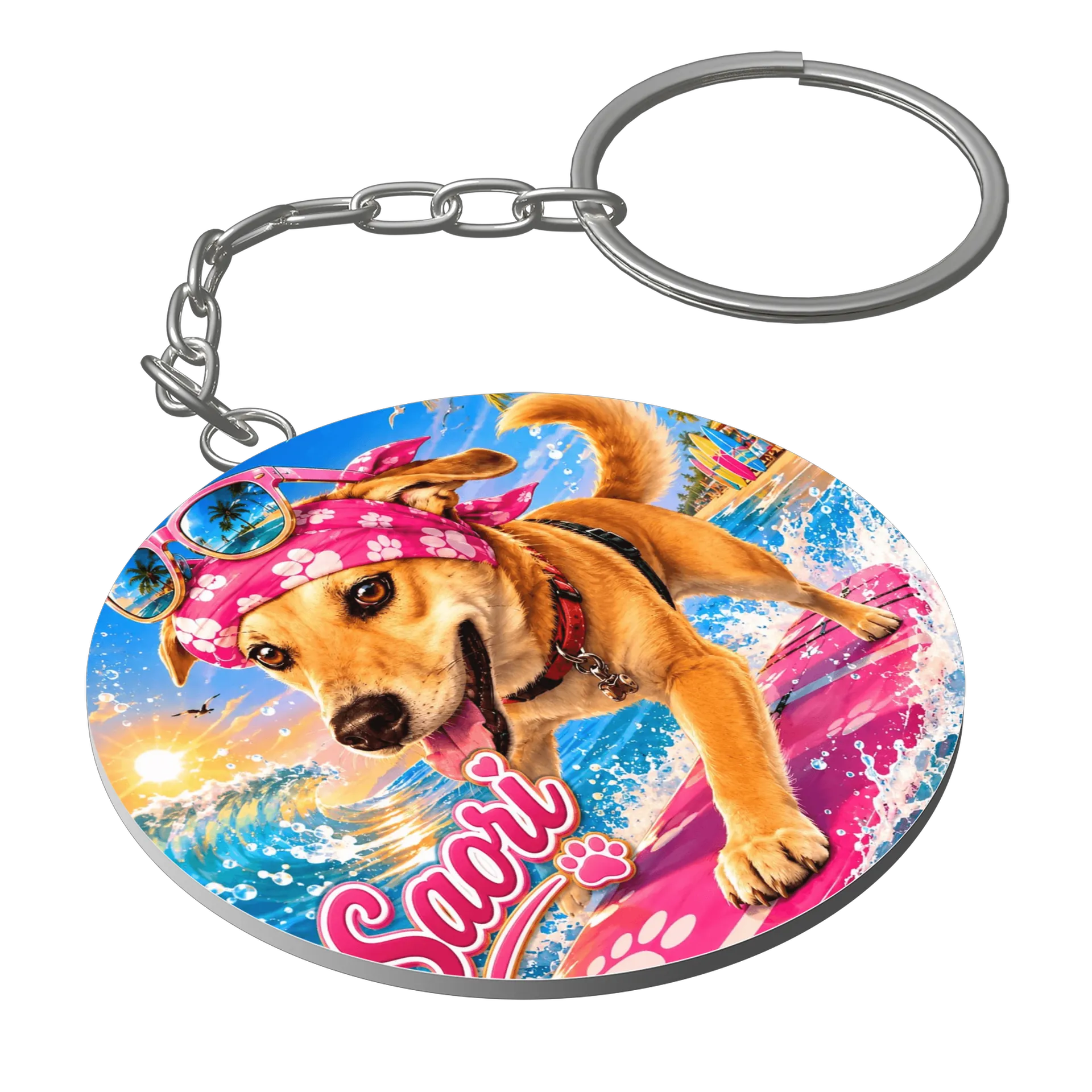Chaveiro MDF Cão Surfista Praia 5x5cm - Imagem 1